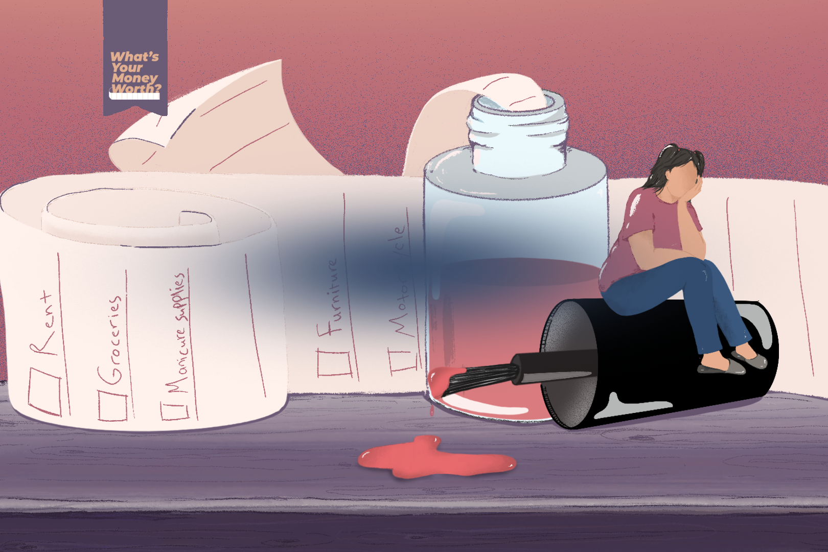 An illustration of a woman sitting on a nailpolish cap with a brush coming out of it and a big rolled up receipt is coming out of the open nail polish bottle swirling all around.