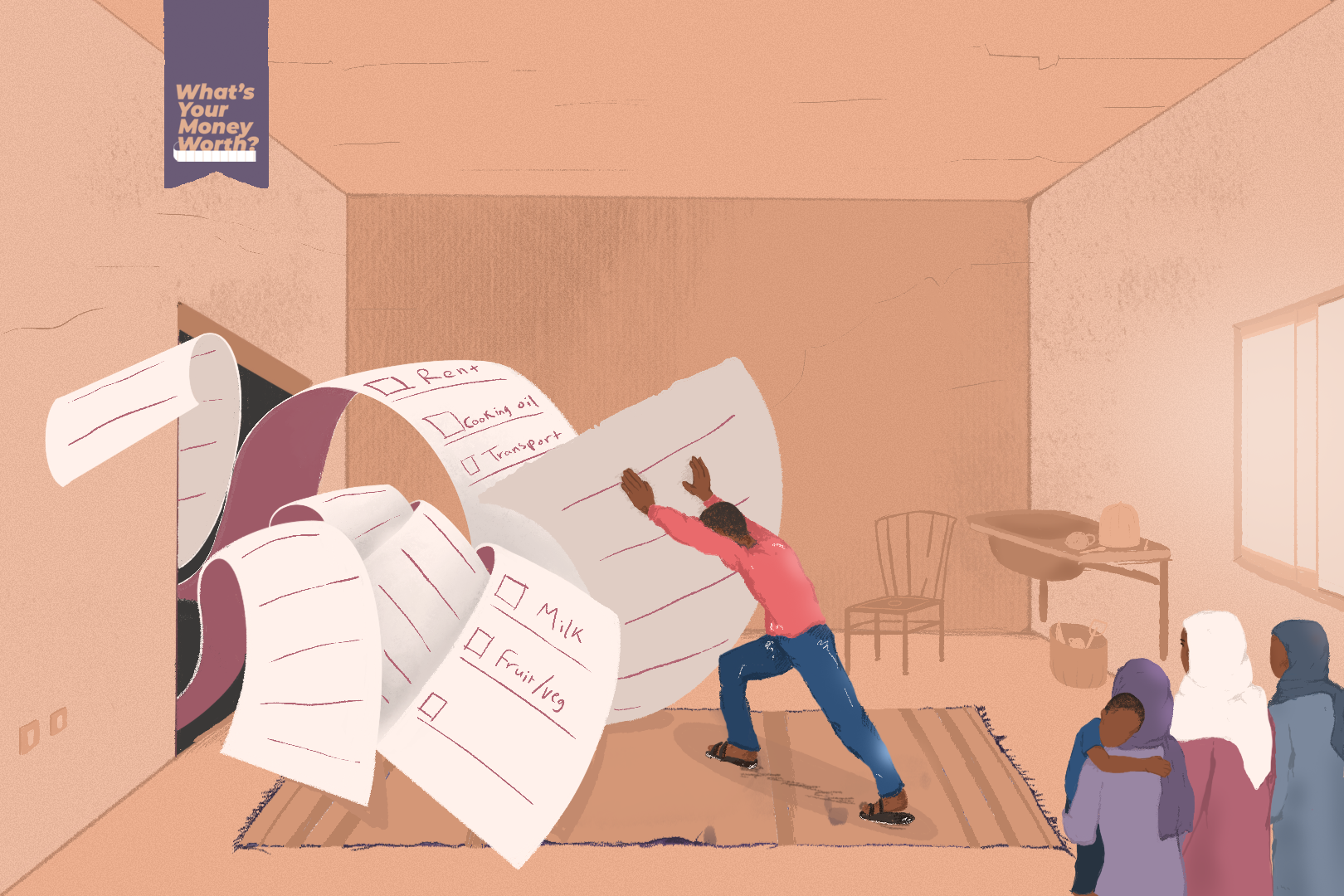 An illustration of a man pushing a giant and very long receipt out of a doorway.