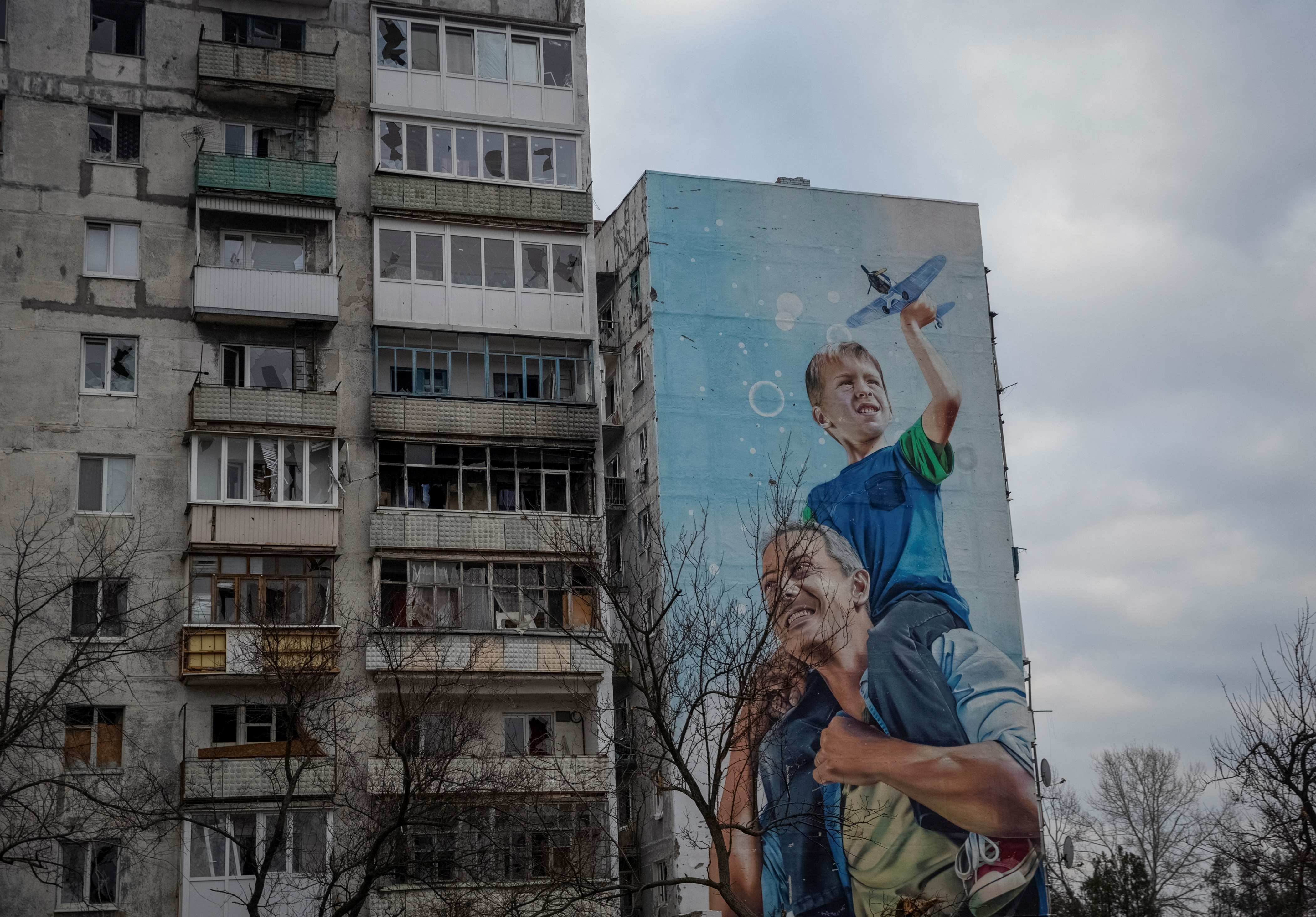 A general view shows buildings damaged by a Russian military strike, as Russia's attack on Ukraine continues