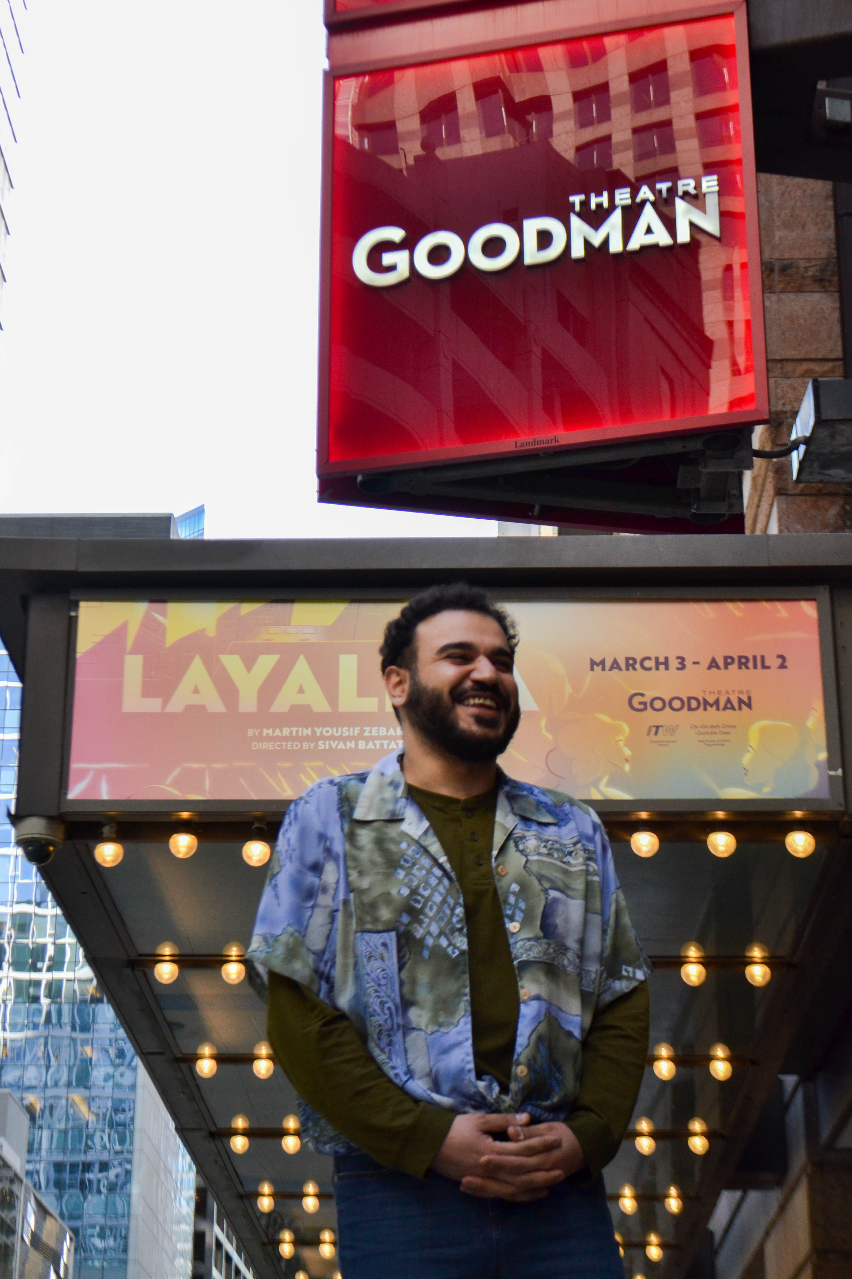 Martin Yousif Zebari in front of the Goodman Theatre