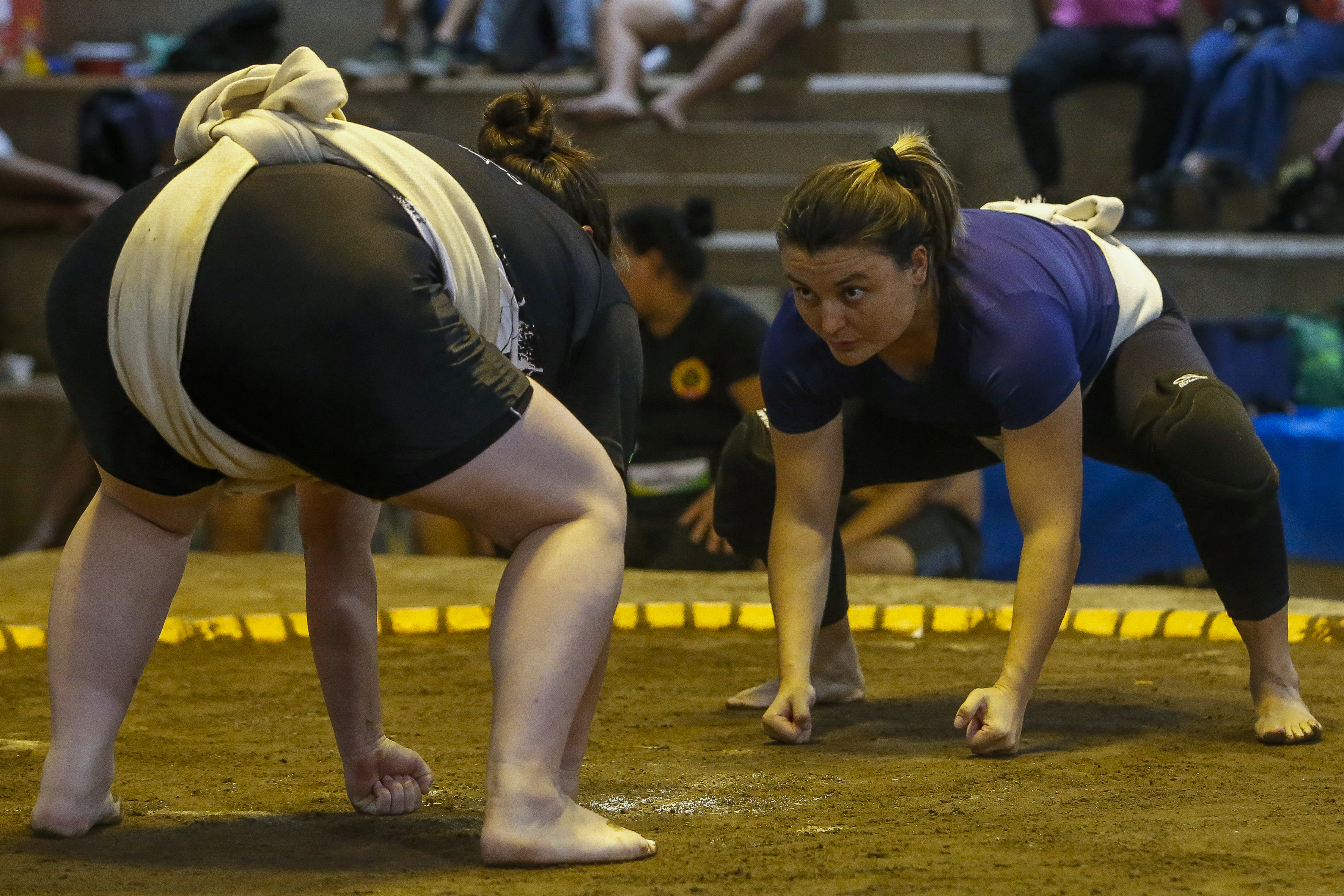 Sumo wrestlers fight during a Brazilian sumo championship bout, a qualifier for the South American championship, in Sao Paulo, Brazil