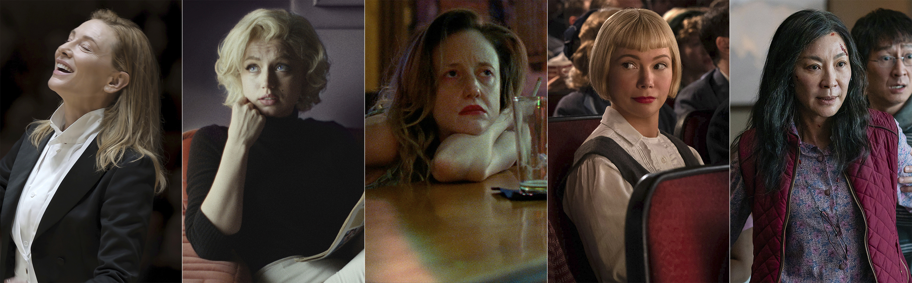 This combination of images shows Oscar nominees for best actress, from left, Cate Blanchett in "Tár," Ana de Armas in "Blonde," Andrea Riseborough in "To Leslie," Michelle Williams in "The Fabelmans," and Michelle Yeoh in "Everything Everywhere All at Once." 