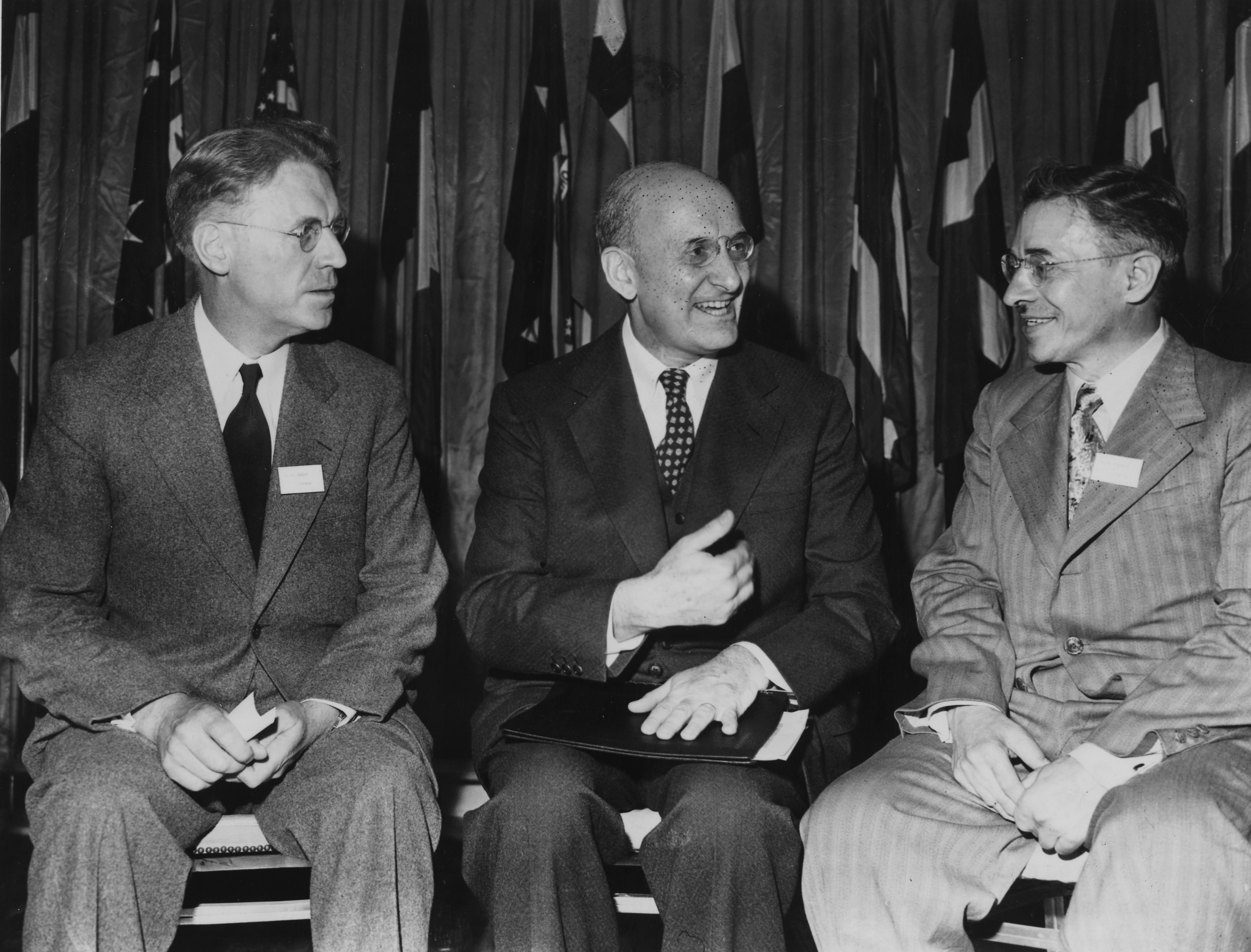 J.L. Ilsley, Canadian finance minister, U.S. secretary of treasury, Henry Morgenthau Jr., president of the conference and M.S. Stepanov, deputy people's commissar of foreign trade of the Soviet Union, from left to right, are pictured conversing during the United Nations Monetary and Financial Conference July 2, 1944, at the Mount Washington Hotel, Bretton Woods, New Hampshire, USA. The conference started yesterday. (AP Photo)