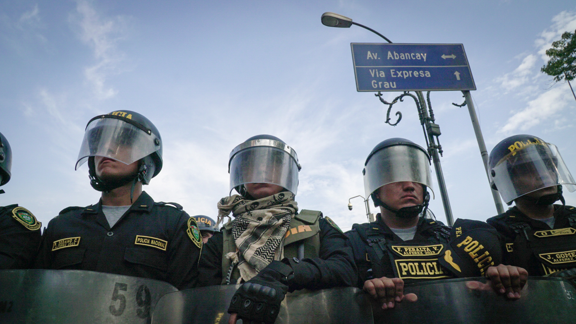 A line of riot police in Lima, Peru, standoff against anti-government protesters in January