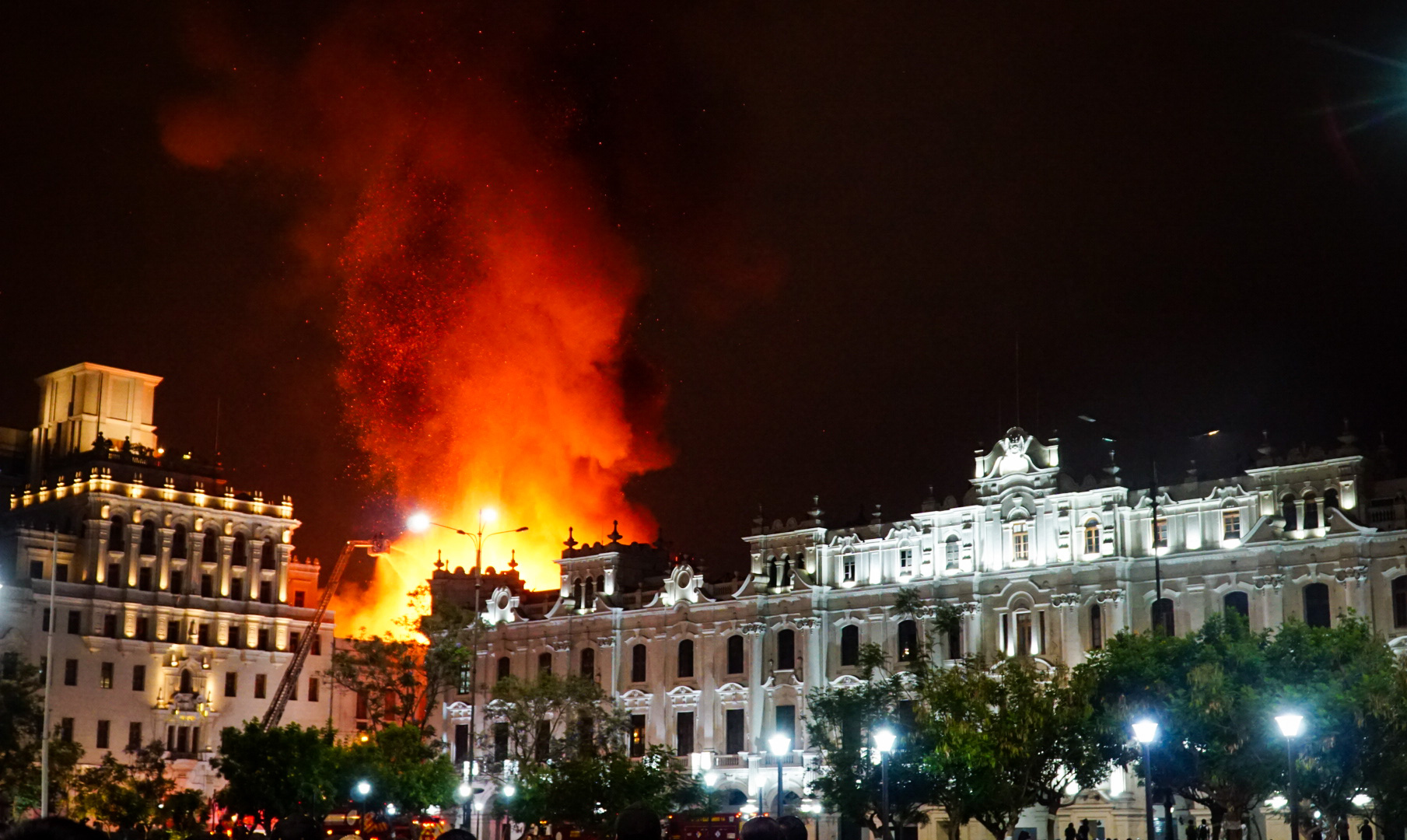 A colonial building in central Lima, Peru, burns in January after large anti-government protests which have roiled the countryside made their way to the capital