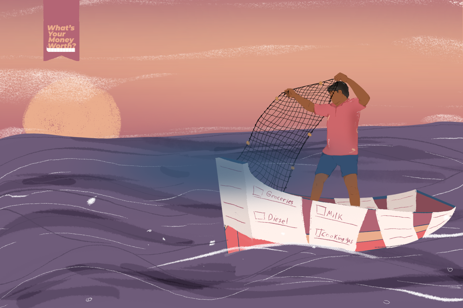 An illustration of a man on a boat made of a paper receipt throwing a net into the ocean.