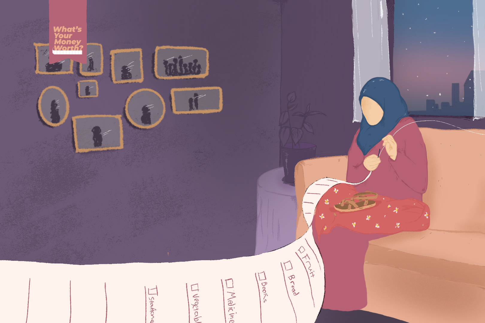 A drawing of a woman sewing shoes