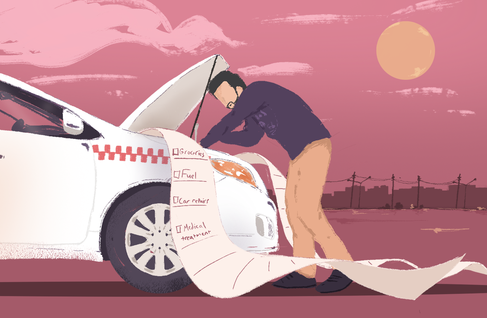 An illustration the hood of a car open with someone standing over it looking, checking or fixing it with a long receipt coming out from under the hood of the car.