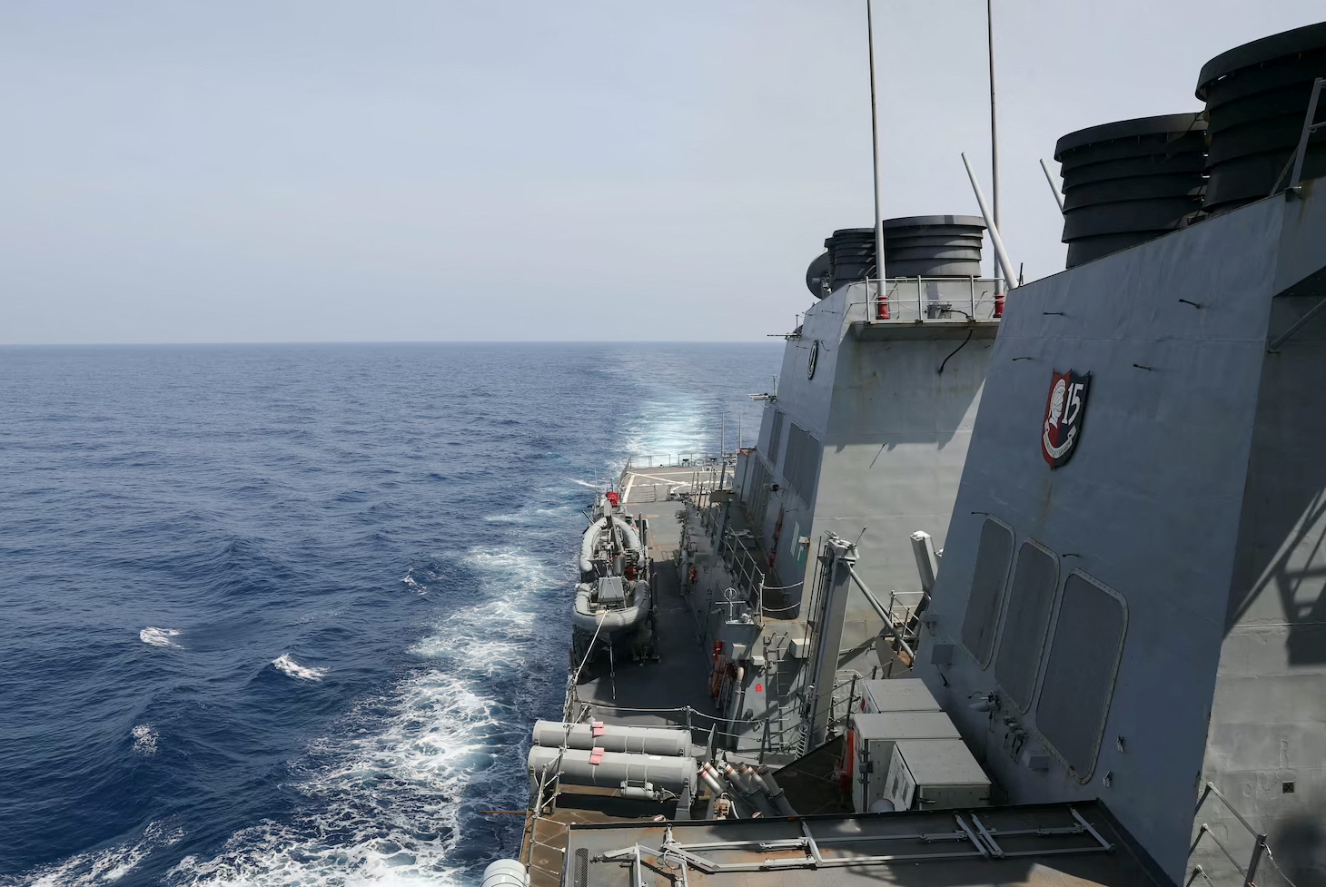 The Arleigh Burke-class guided-missile destroyer USS Milius conducts a Taiwan Strait transit operation at an undisclosed location in this handout picture released on April 17, 2023
