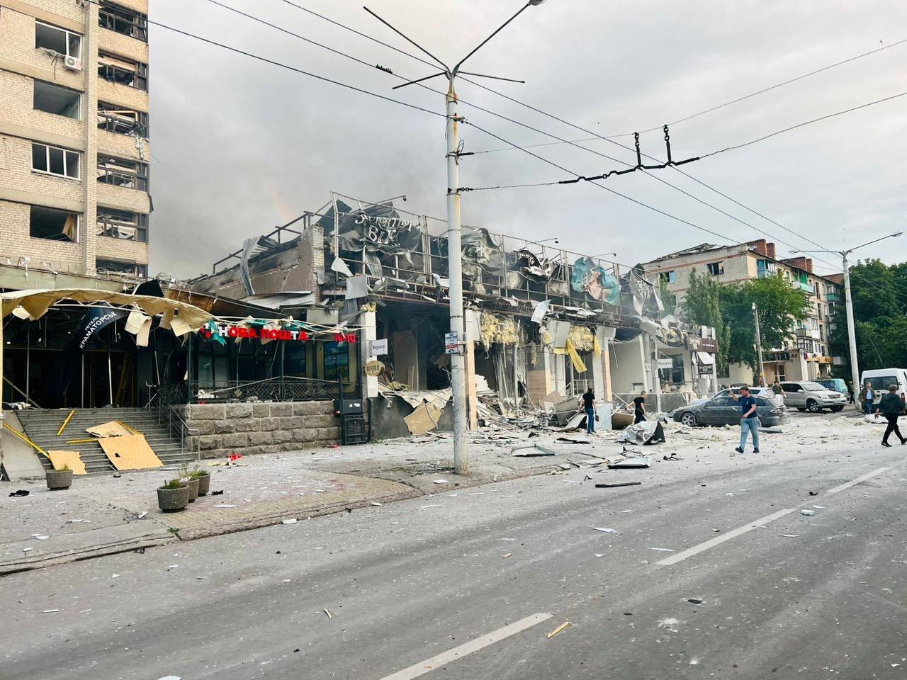 A view shows a building of a restaurant heavily damaged by a Russian missile strike, amid Russia's attack on Ukraine, in central Kramatorsk, Donetsk region