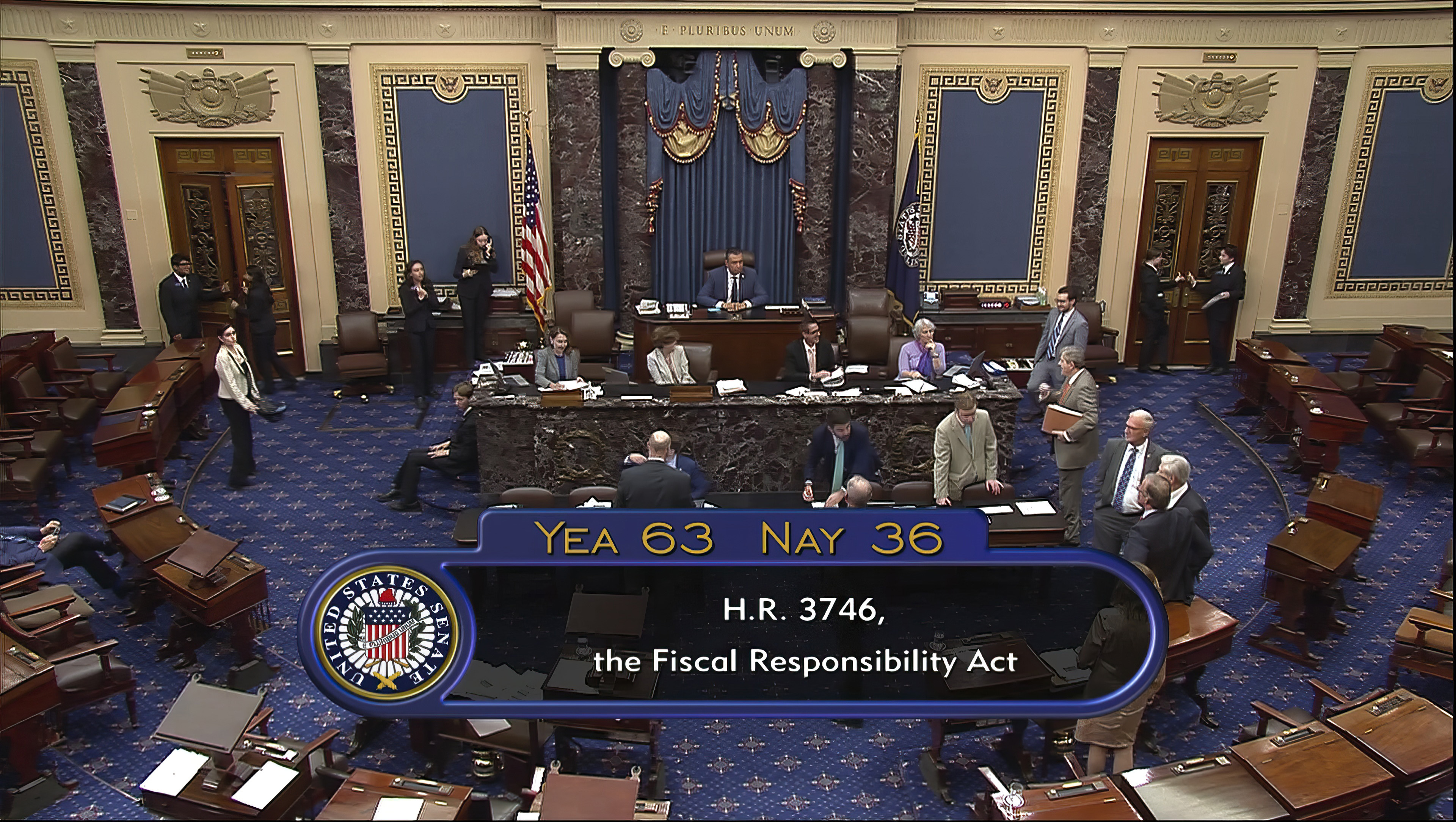 A view of the Senate taken from television shows the final vote tally of 63-36