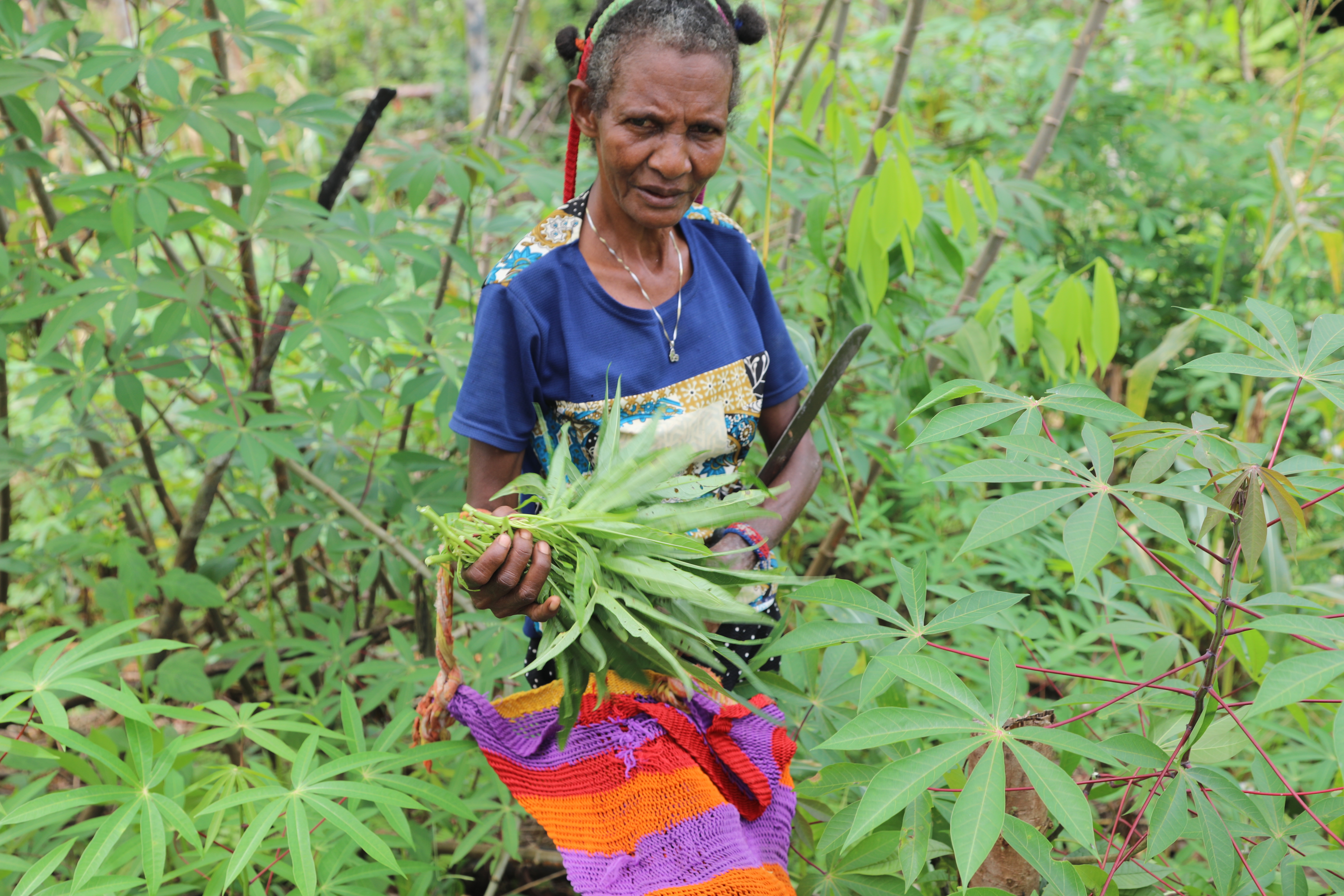 Rosalina Ogoney walking through the forest. She is holding some plants in her hand.