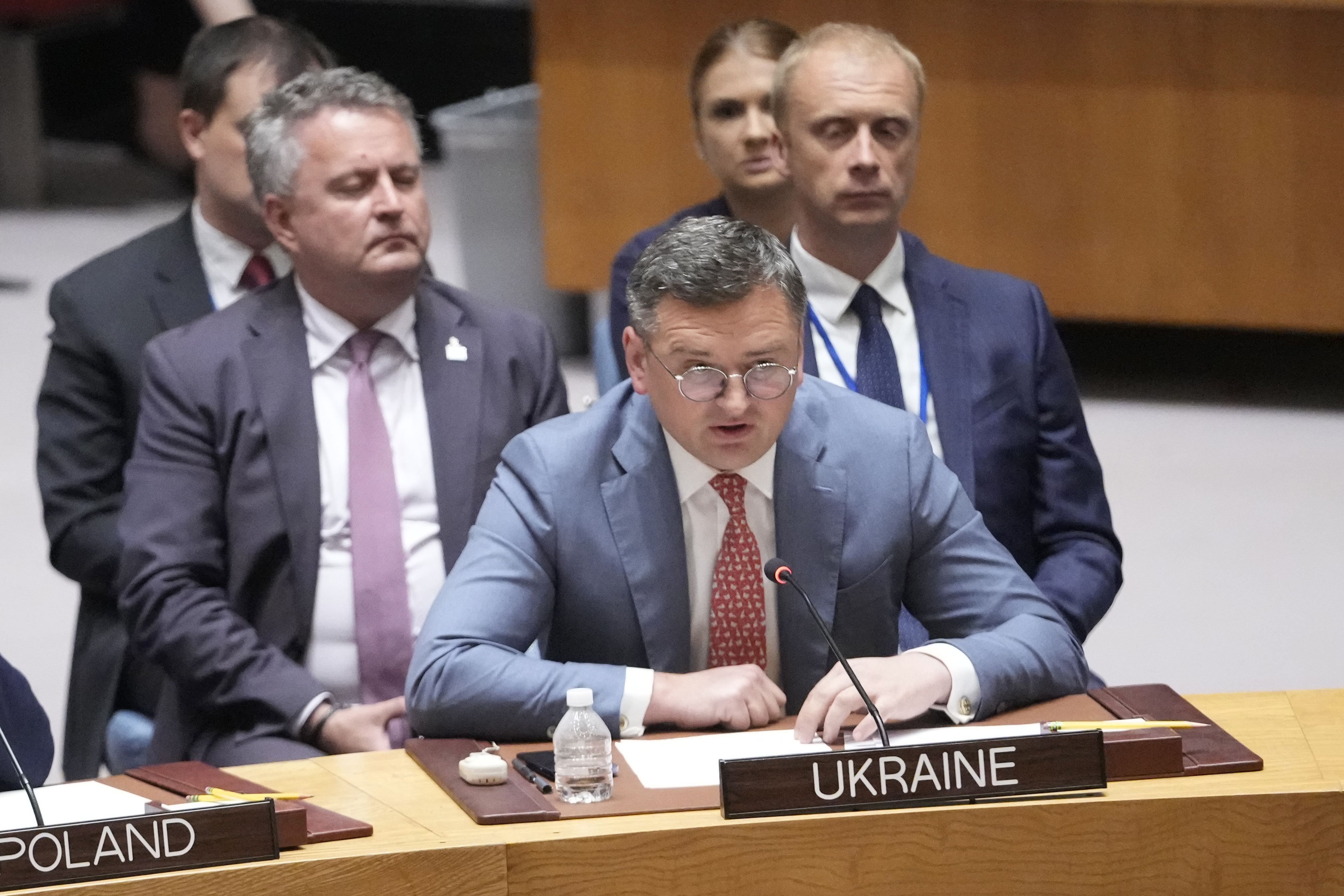 Ukrainian Foreign Minister Dmytro Kuleba speaks during a Security Council meeting on the situation in Ukraine, Monday, July 17, 2023 at United Nations headquarters. (AP Photo/Mary Altaffer)
