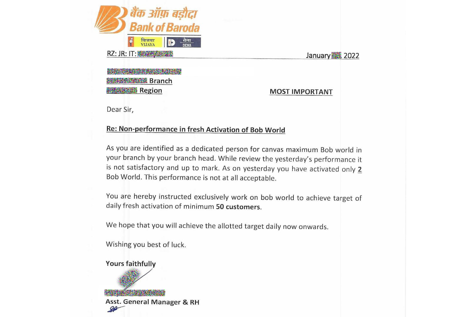 The bank has issued show-cause notices to its employees for a low number of registrations in bob World
