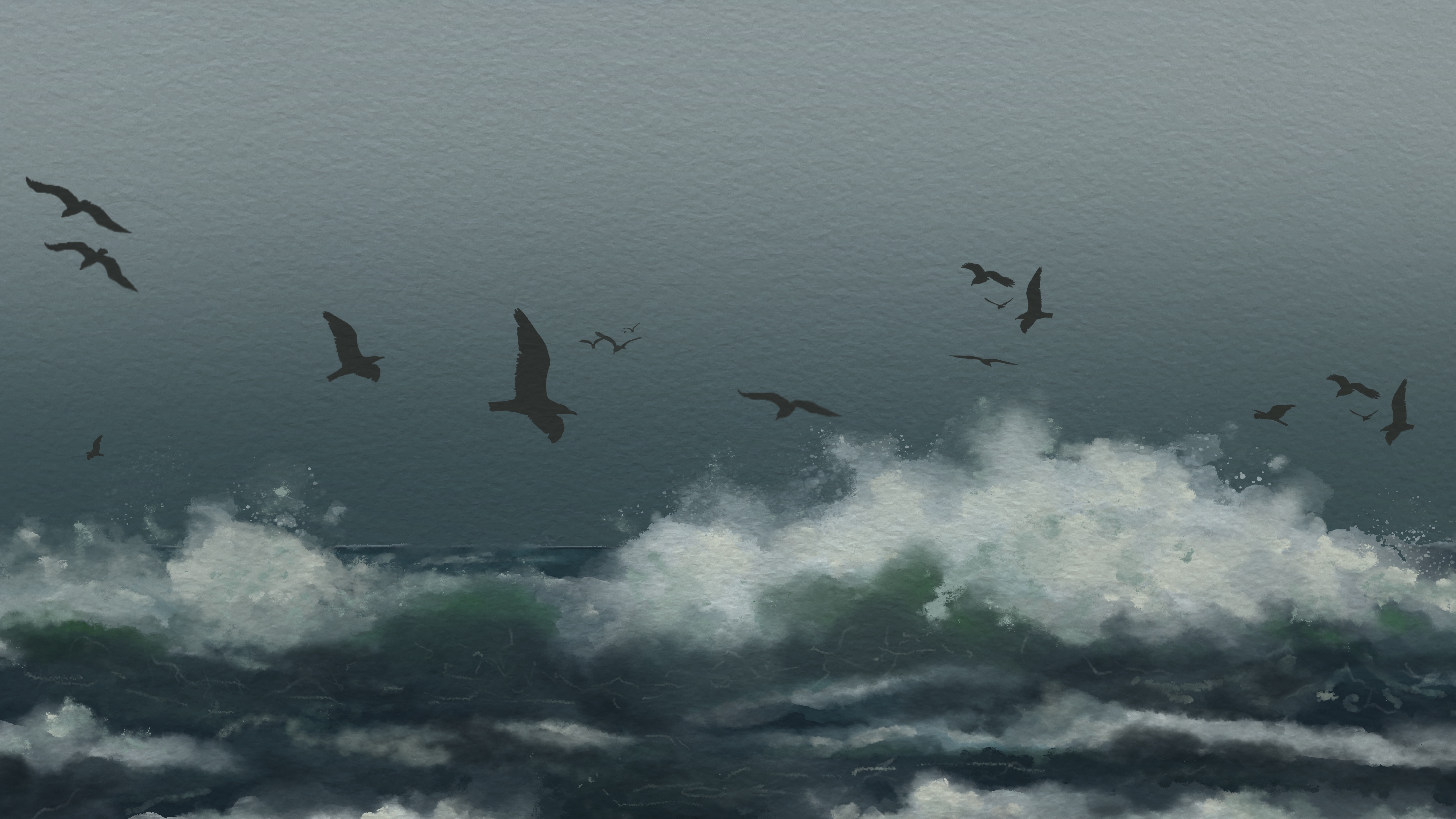 An illustration of birds flying over rough seas.