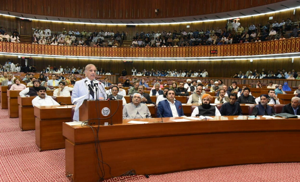 Pakistan's Prime Minister-elect Shehbaz Sharif speaks at the National Assembly in Islamabad