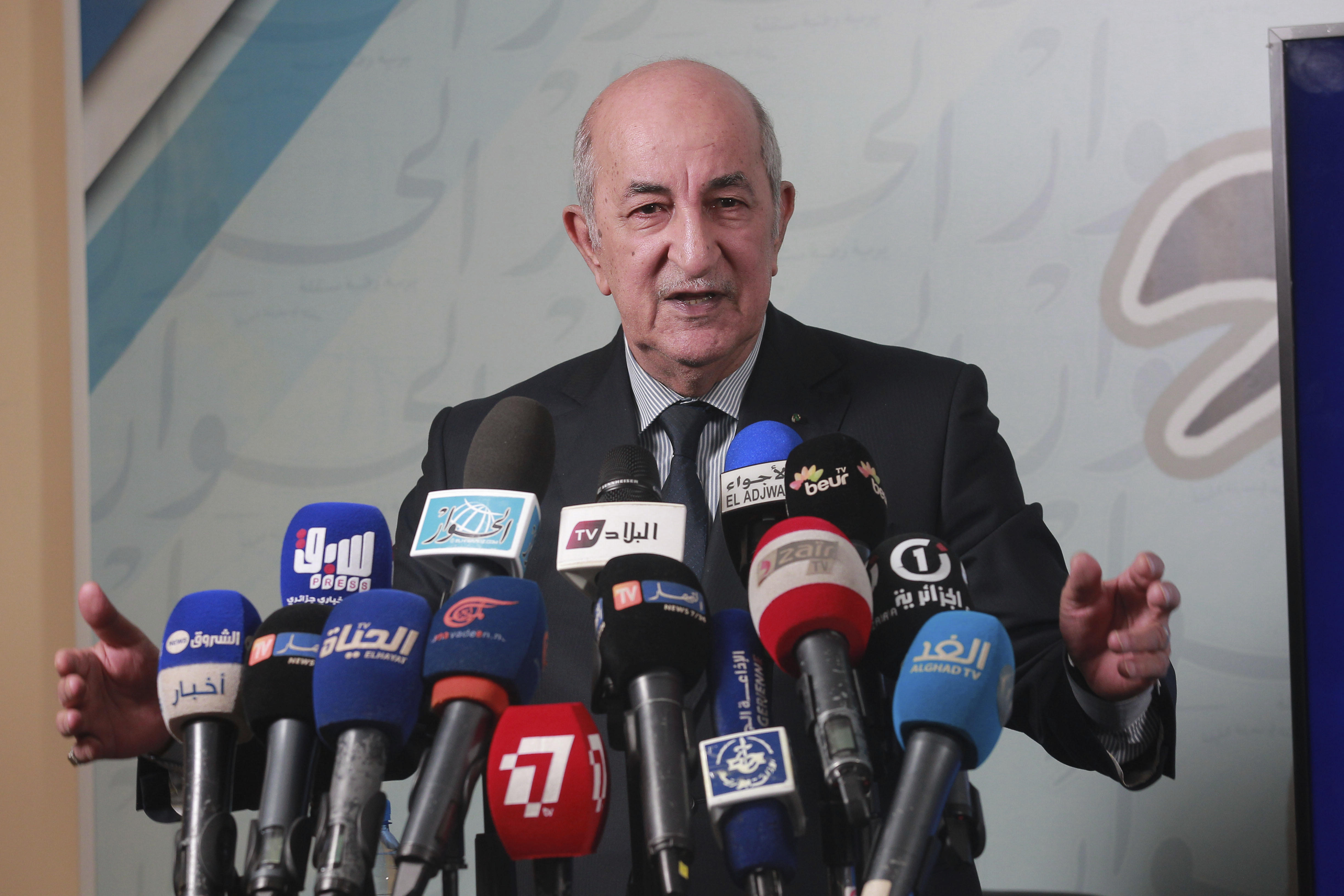 Presidential candidate for the upcoming Dec. 12, presidential election Abdelmajid Tebboune gives a press conference, in Algiers, Algeria, Sunday, 24, 2019. Algeria's presidential campaign is officially starting a week ago with five candidates vying to replace the longtime leader pushed out in April in an ongoing protest movement. (AP Photo/Fateh Guidoum)