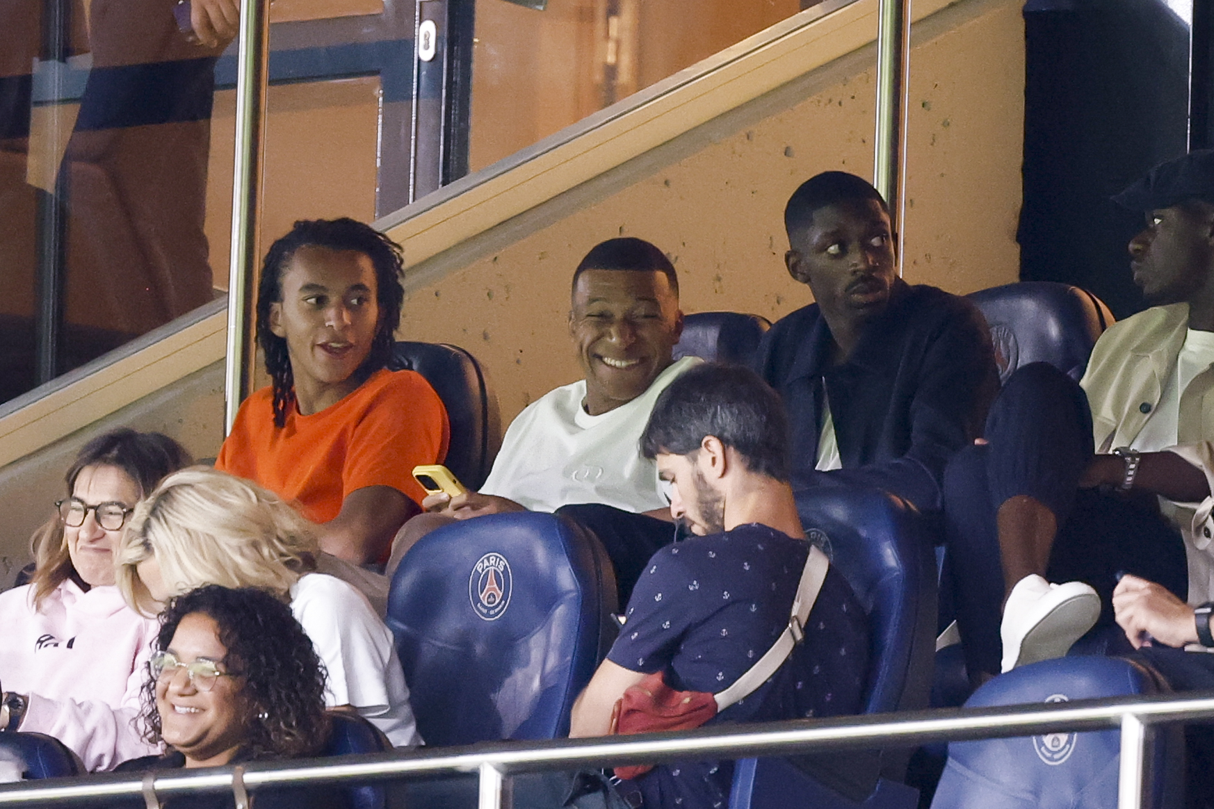 Ethan Mbappe, Kylian Mbappe #7 of Paris Saint-Germain and Ousmane Dembele attend the Ligue 1 Uber Eats match between Paris Saint-Germain and FC Lorient at Parc des Princes