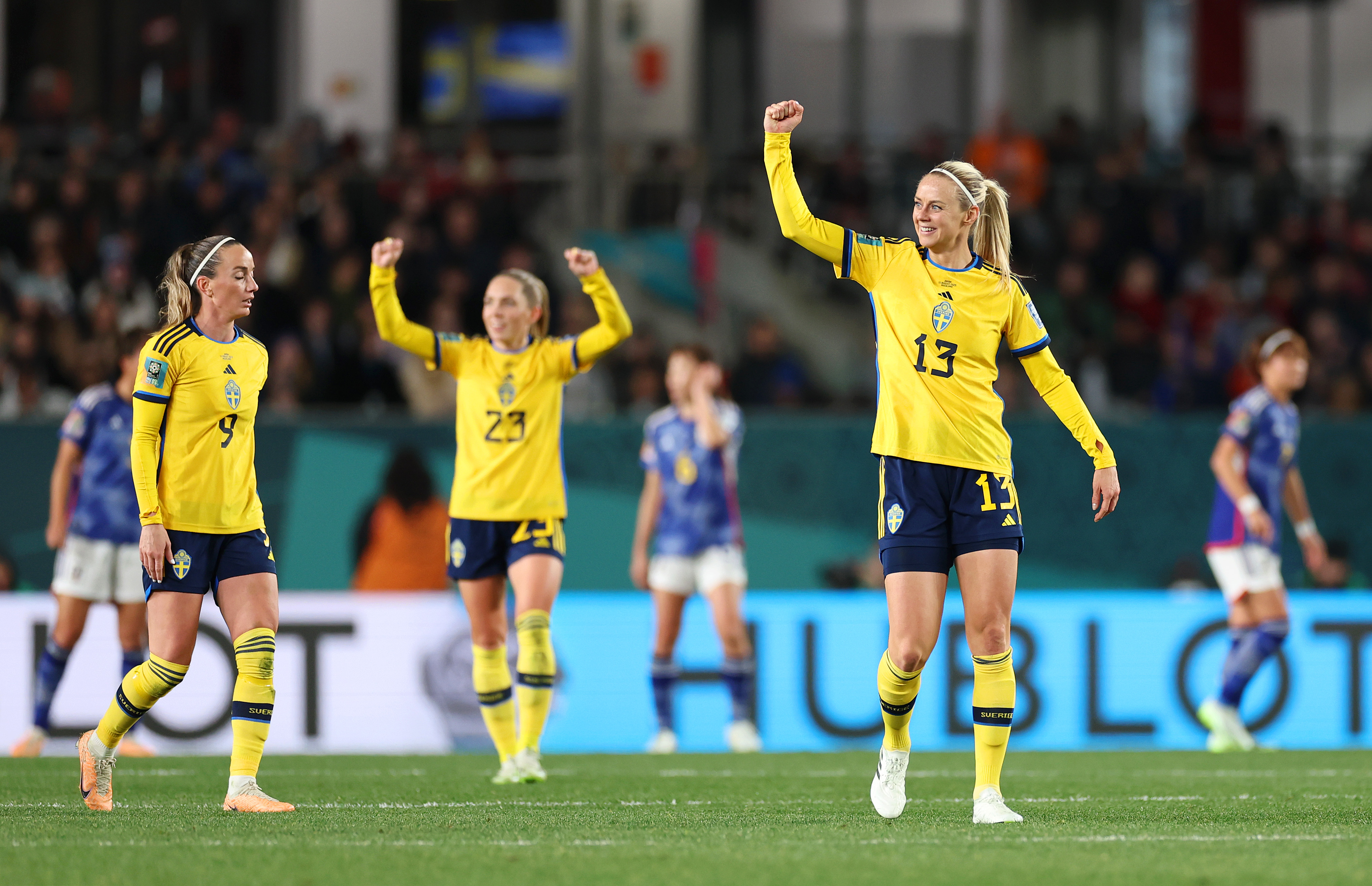 Amanda Ilestedt of Sweden scores her team's first goal