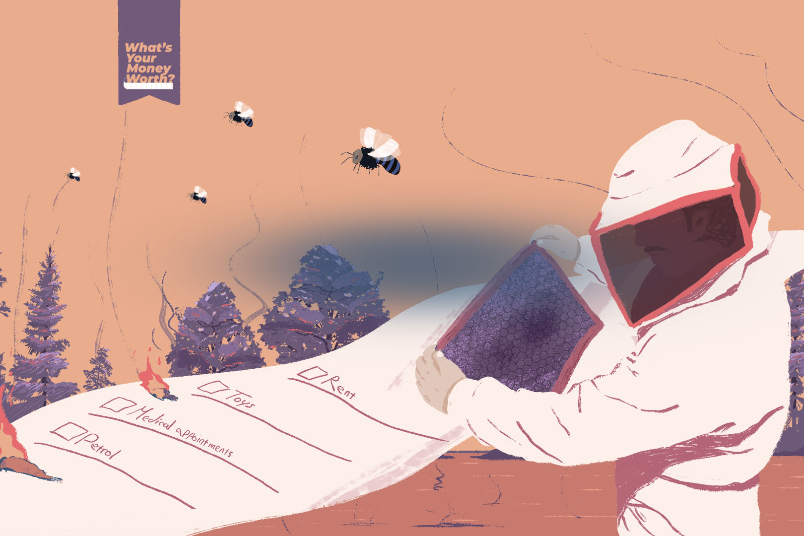 An illustration of a beekeeper looking at a hive with bees flying in the breeze and a long receipt next to him burning up.