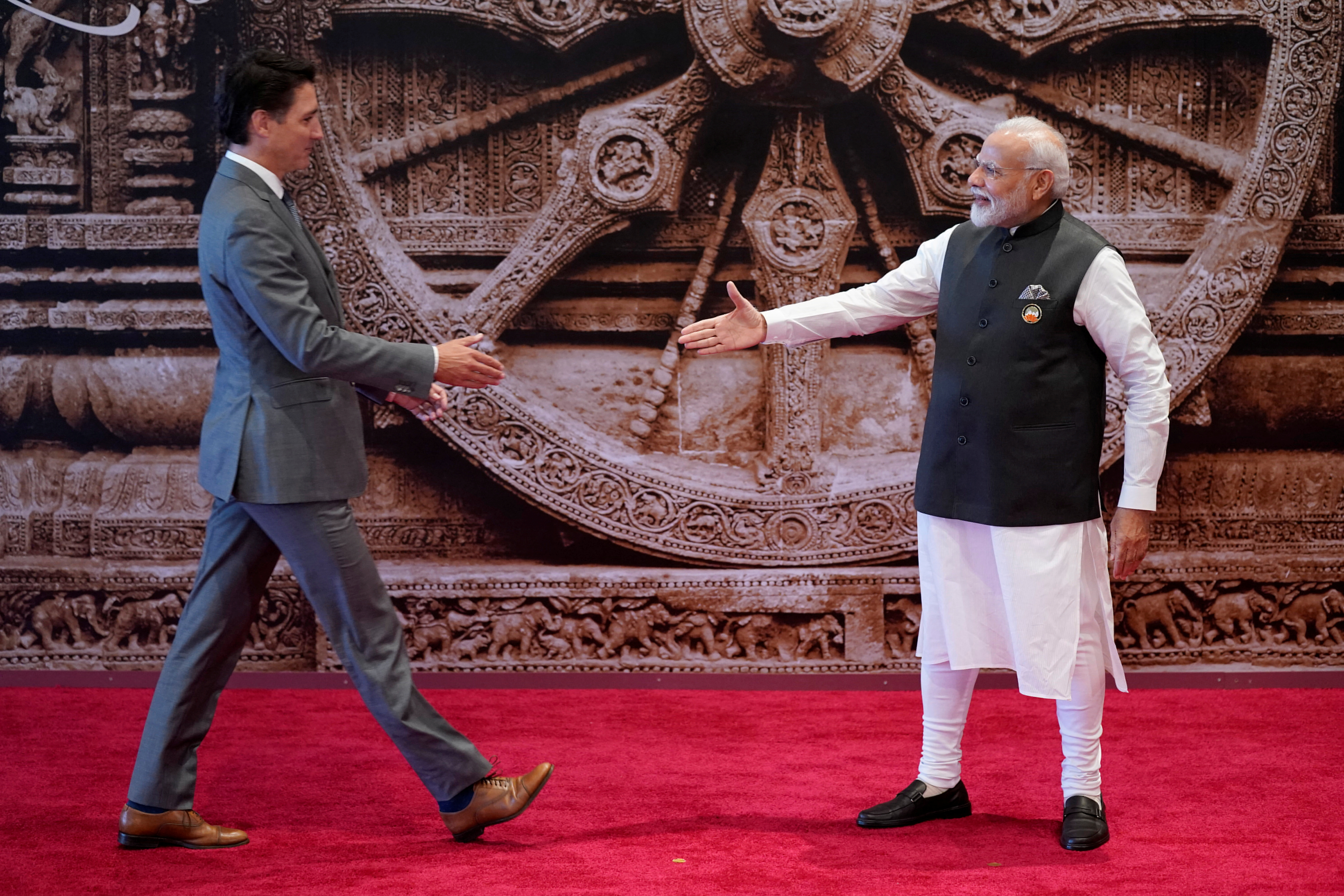 Indian Prime Minister Narendra Modi welcomes Canada Prime Minister Justin Trudeau upon his arrival at Bharat Mandapam convention center for the G20 Summit, in New Delhi, India, Saturday, Sept. 9, 2023.