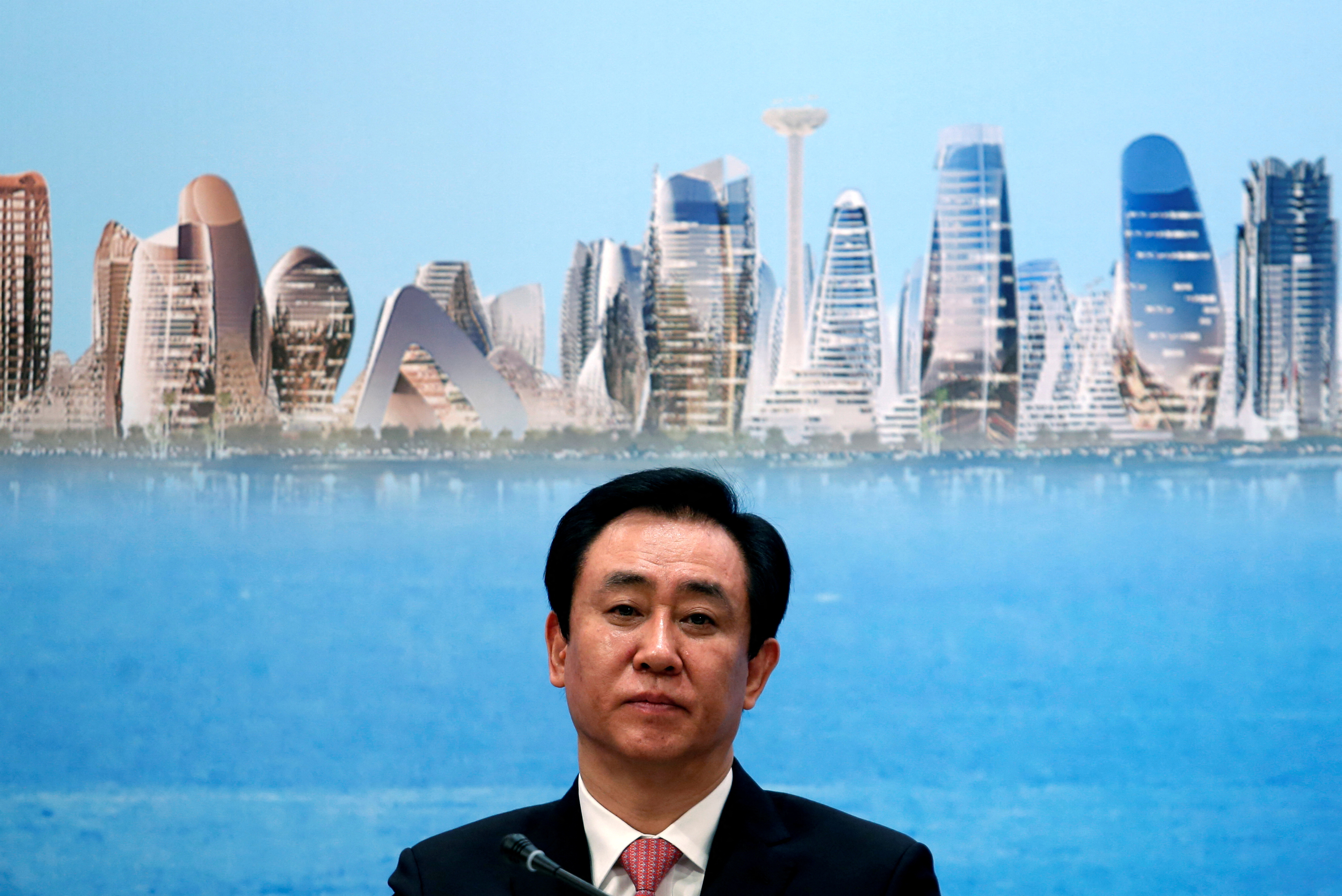 China Evergrande Group Chairman Hui Ka Yan attends a news conference on the property developer's annual results in Hong Kong, China