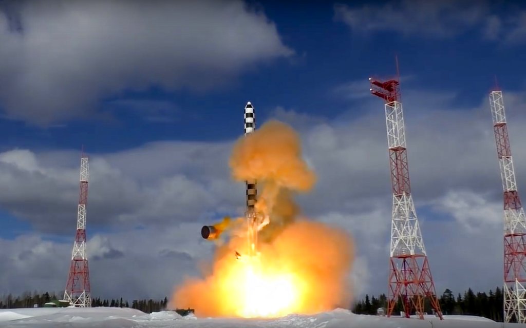 In this image from video provided by the Russian Defense Ministry Press Service, the Sarmat intercontinental ballistic missile blasts off during a test launch Friday from the Plesetsk launch pad in northwestern Russia, Friday, March 30, 2018. The Russian Defense Ministry said the launch was intended to test Sarmat's performance in the early stage of its flight. (Russian Defense Ministry Press Service via AP)