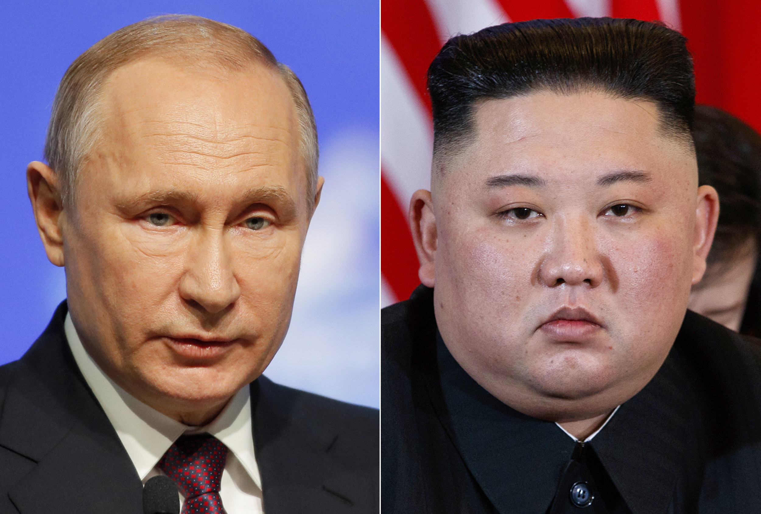 Russian President Vladimir Putin, right, and North Korea's leader Kim Jong Un