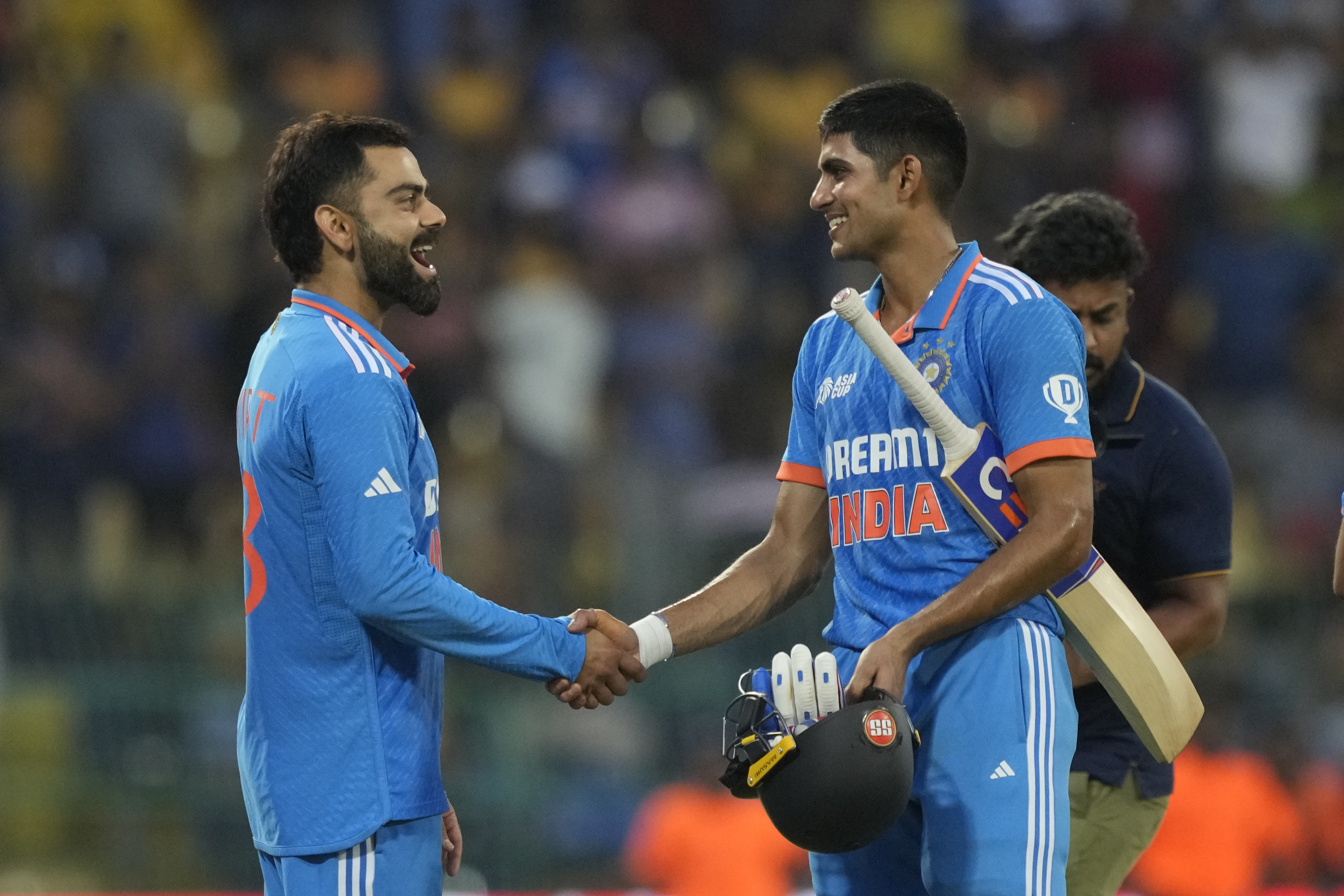 India's Virat Kohli congratulates Shubham Gill