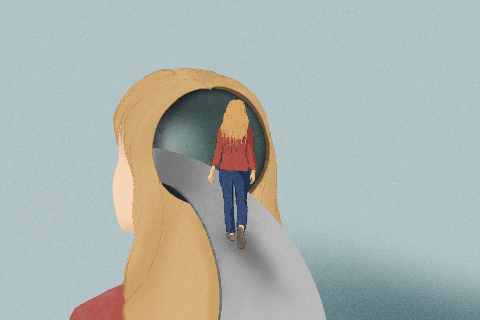 An illustration of the back of someone's head with a smaller person walking on a road leading to the inside of the person's head.