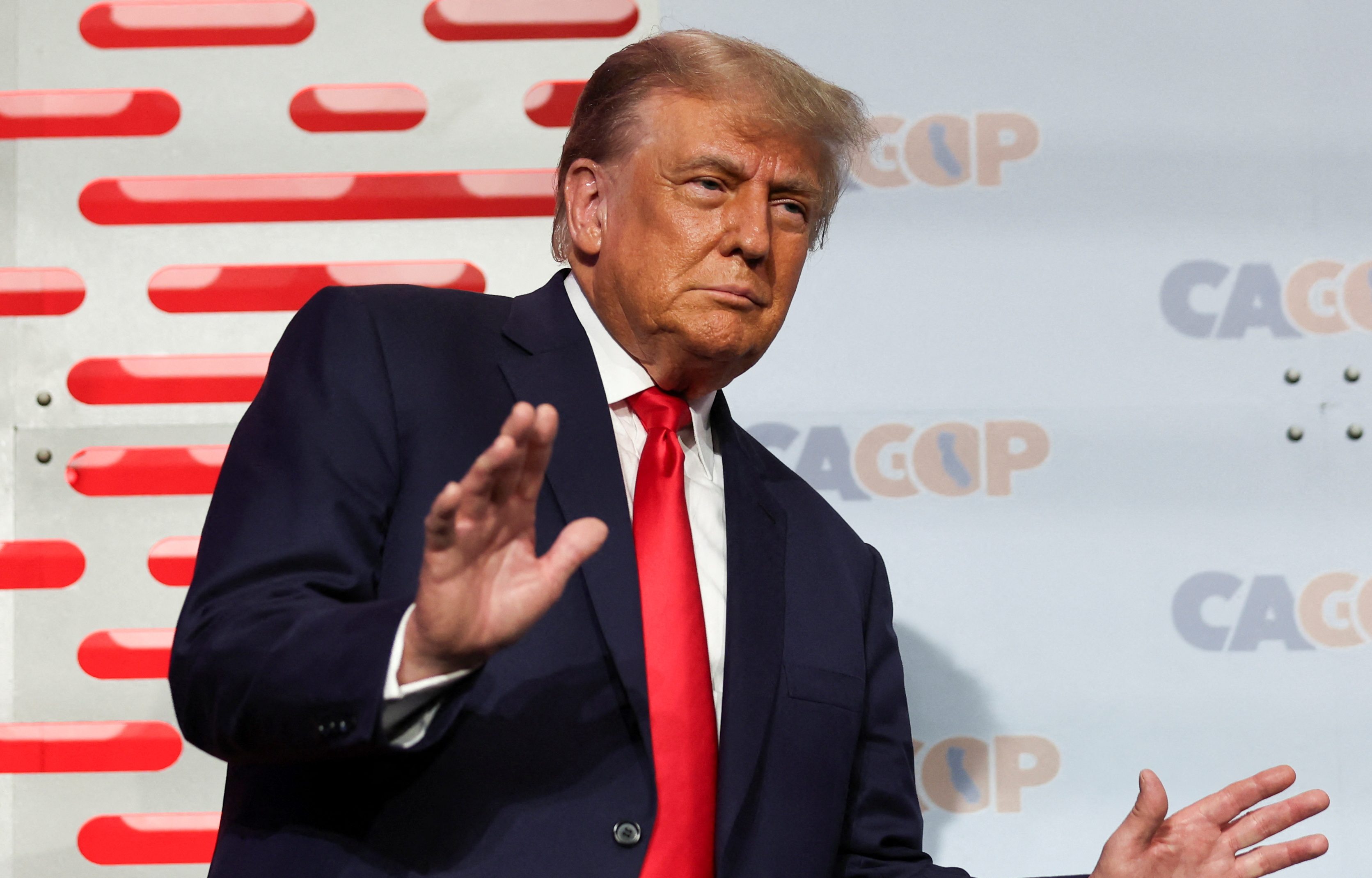 Former U.S. President and Republican presidential candidate Donald Trump appears at the fall convention of the California Republican Party in Anaheim, California, U.S., September 29, 2023. REUTERS/Mike Blake