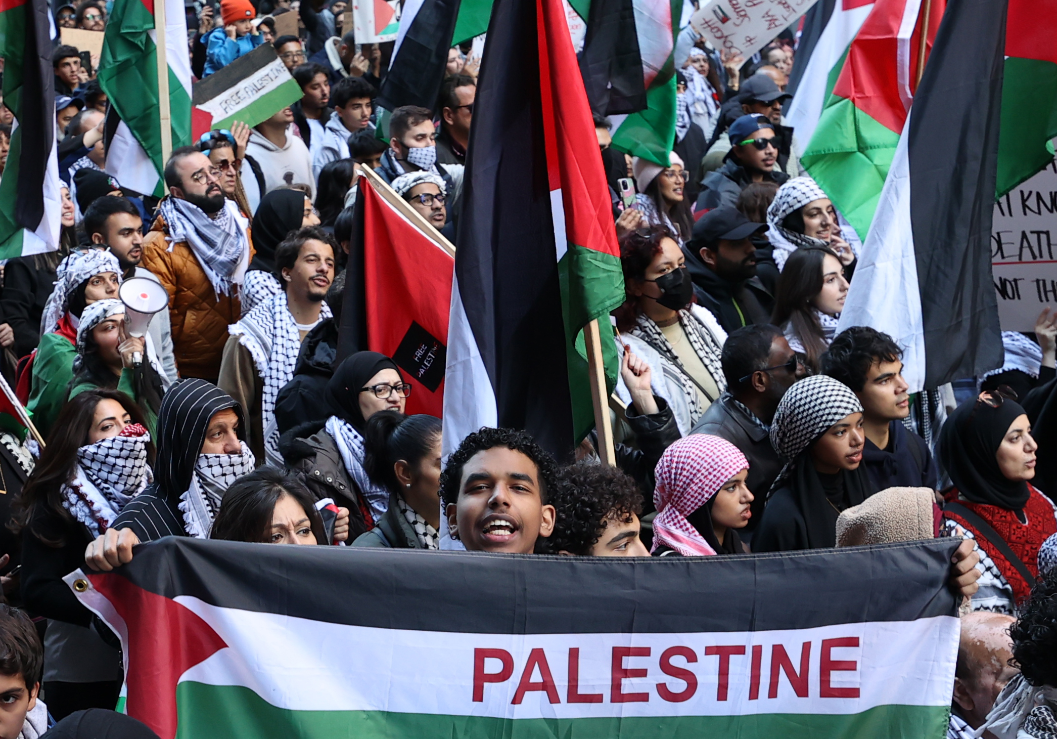 Thousands of pro-Palestinian demonstrators march during a rally on October 28, 2023 in Toronto,