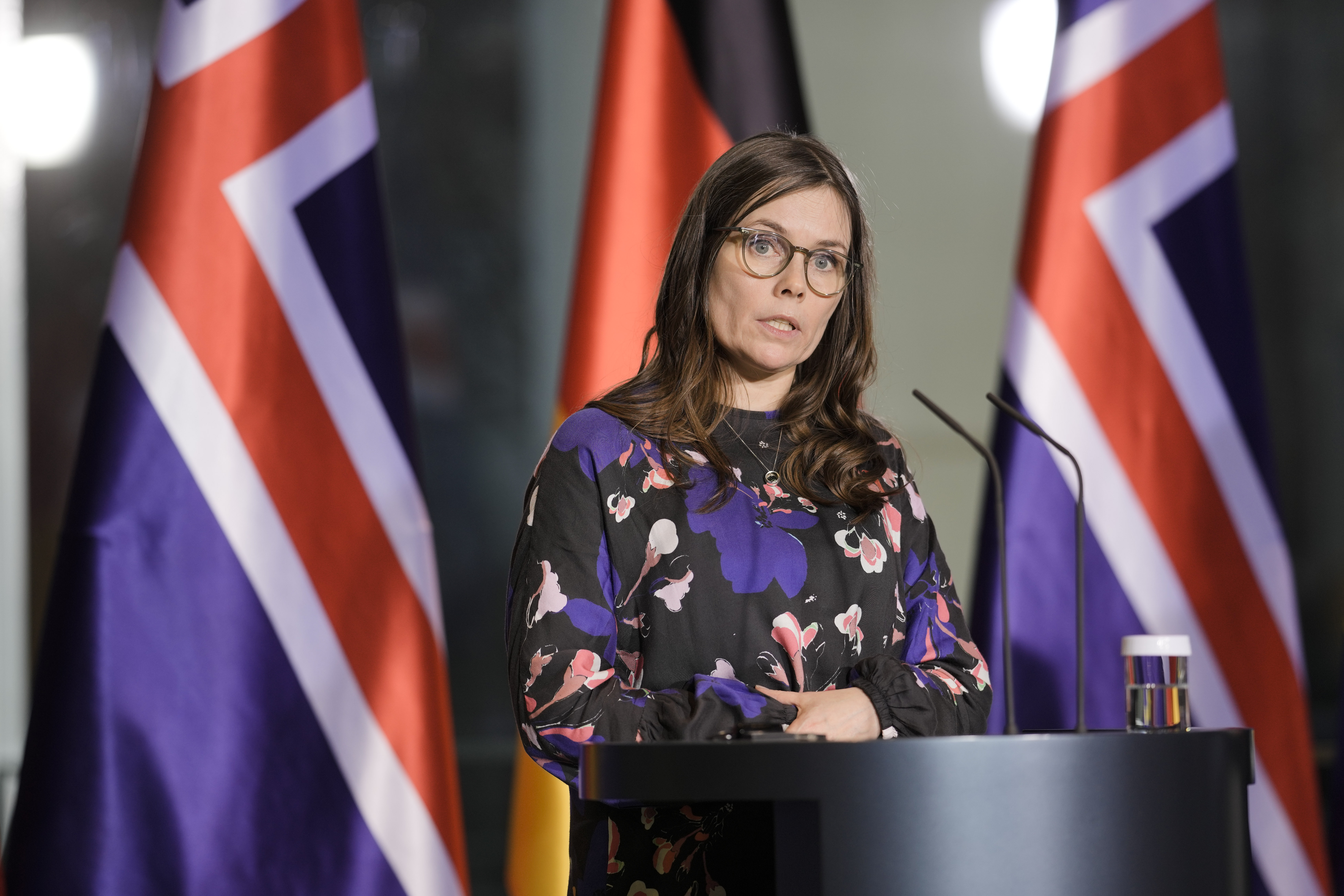 Iceland's Prime Minister Katrin Jakobsdottir speaks to the media in Berlin
