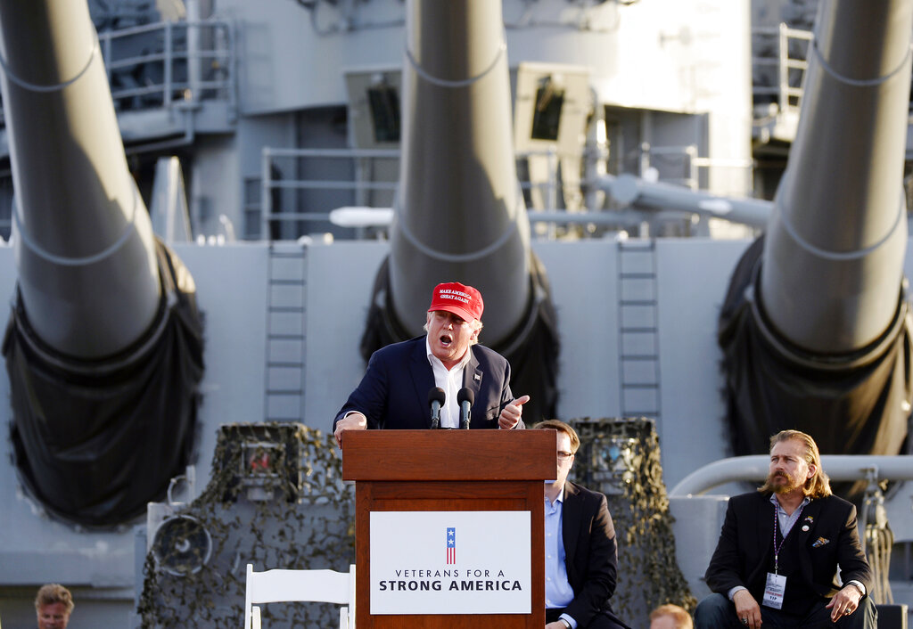 In this Sept. 15, 2015, photo, Republican presidential candidate Donald Trump speaks during a campaign event aboard the retired ship USS Iowa in Los Angeles. The Associated Press has learned that the Internal Revenue Service has revoked the non-profit status of Veterans for a Strong America, the veterans organization that hosted Trumps foreign policy speech. Veterans for a Strong America is headed by Joel Arends, a veteran and conservative campaign operative. Arends told the AP he disagrees with the IRSs determination and is appealing. He would not provide a copy of any tax returns the group had filed. The IRS automatically revokes any groups non-profit status if it fails to file returns for three consecutive years. (AP Photo/Kevork Djansezian)