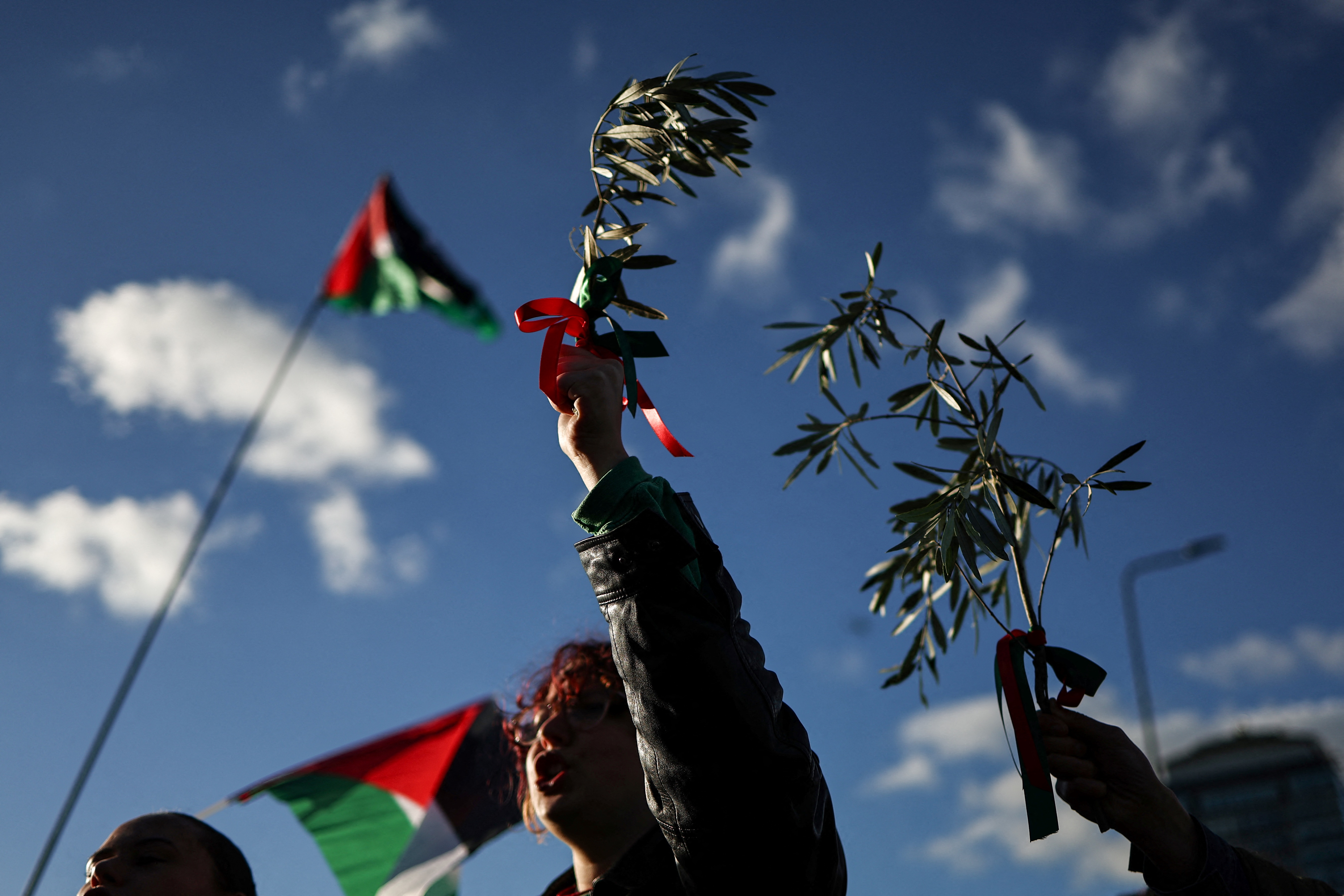 Protesters holding olive branches, known as a sign of peace, take part in the 'National March For Palestine' in central London