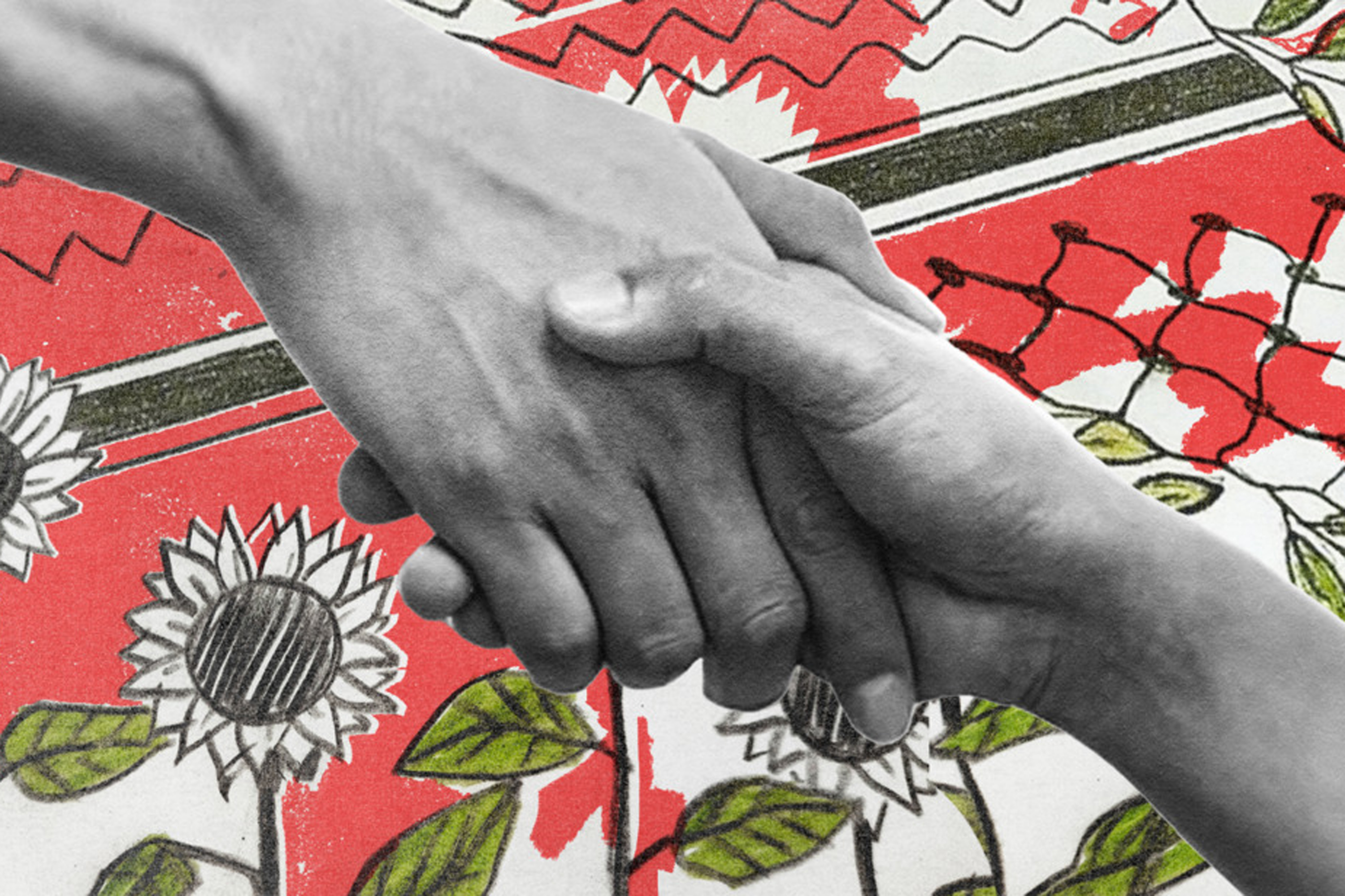 A collage of two hands holding over a patter of kuffiyeh