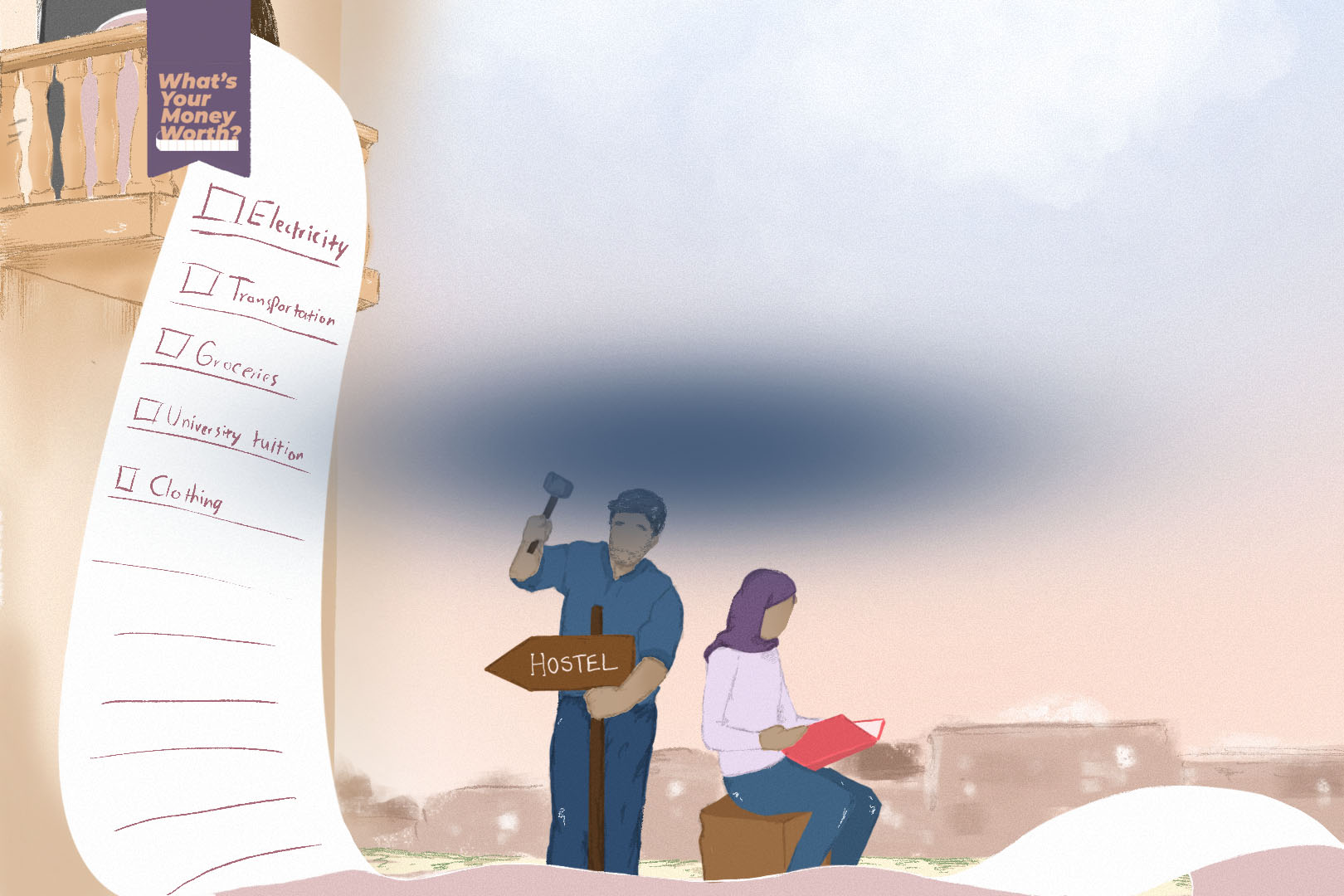An illustration with two people next to each other, the one on the left is hammering a sign with the word "hostel" and an arrow to the left, to the ground and the one on the right is sitting and reading a book. There is also a balcony on the top left with a giant shopping list flowing over it.