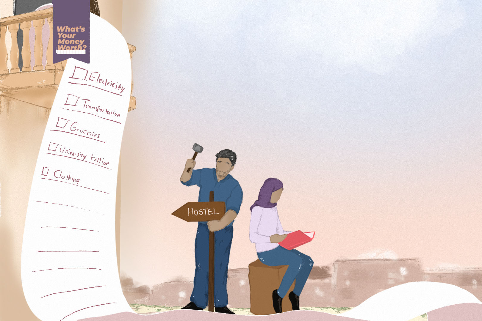 An illustration with two people next to each other, the one on the left is hammering a sign with the word "hostel" and an arrow to the left, to the ground and the one on the right is sitting and reading a book. There is also a balcony on the top left with a giant shopping list flowing over it.