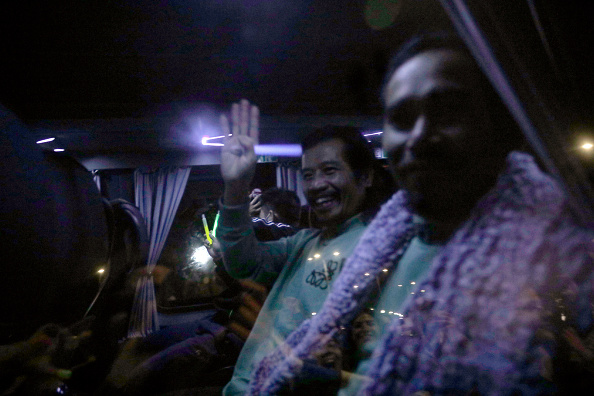 A van carries hostages released by Hamas from Gaza earlier this evening in Ofakim, Israel.