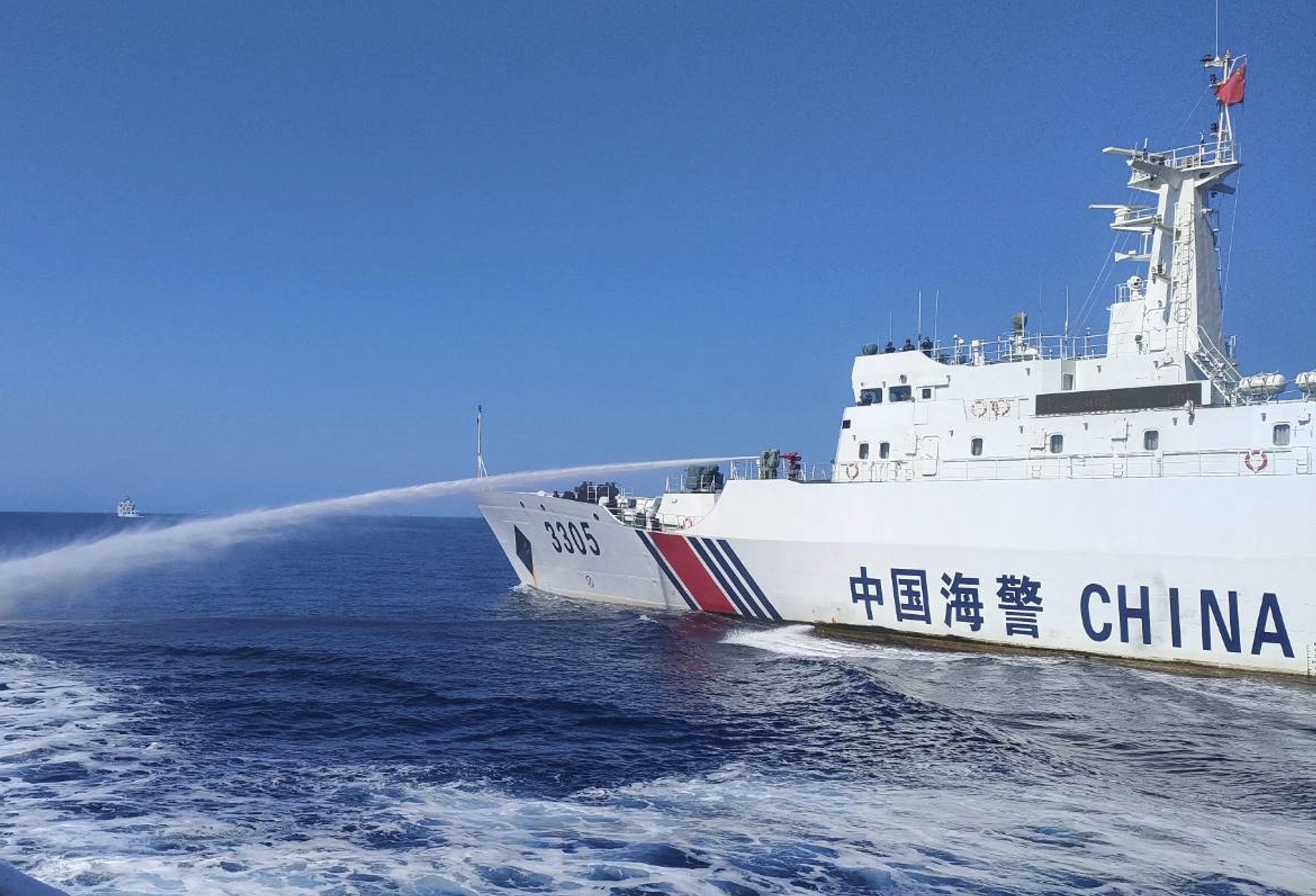A jet of water fired from a Chinese coast guard ship near Scarborough Shoal