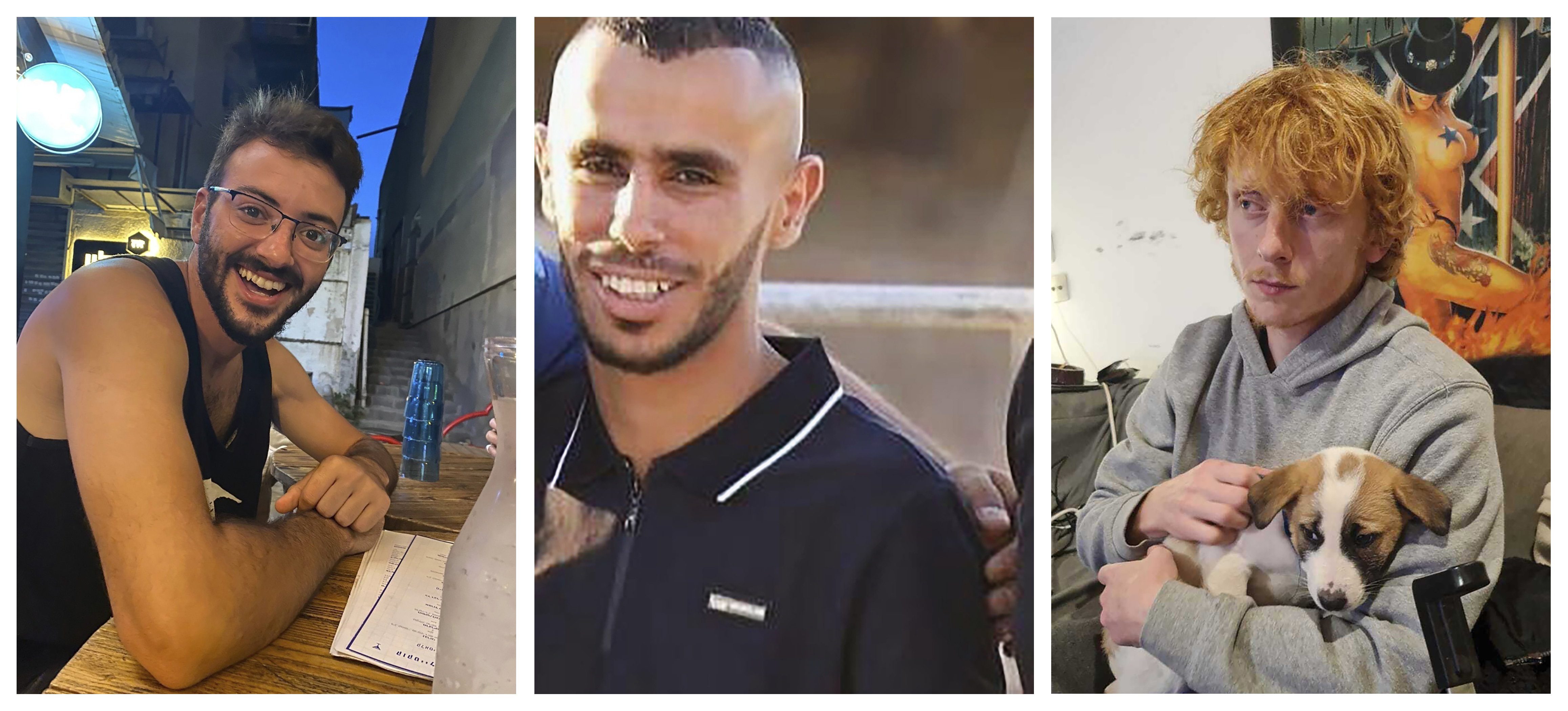 This photo combo shows three hostages who had been abducted from Israeli communities near the Gaza border, from left, Alon Shamriz, Samer Al-Talalka and Yotam Haim. Israeli troops mistakenly shot the three hostages to death Friday, Dec. 15, 2023 in the Gaza City area of Shijaiyah, where troops have been engaged in fierce fighting with Hamas militants. (Courtesy of the Shamriz, Al-Talalka and Haim families via AP)
