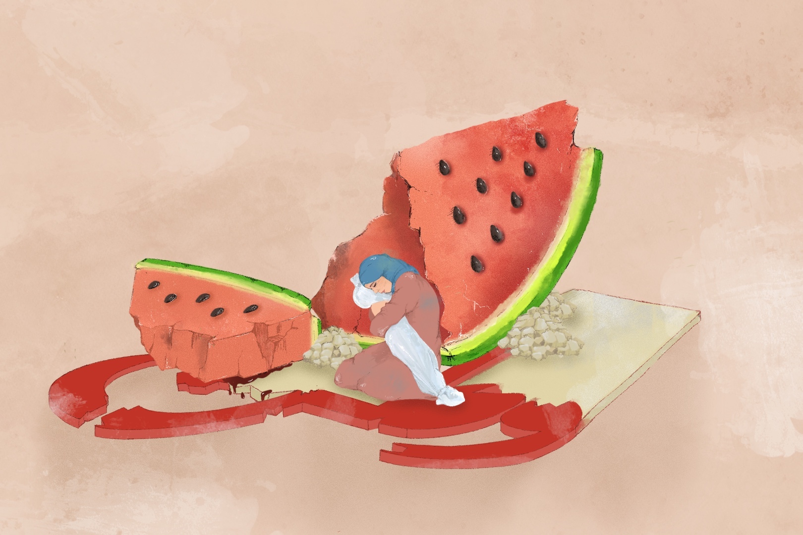 An illustration showing a mother mourning her dead child wrapped in a shroud and in front o her the letters homeland written in Arabic