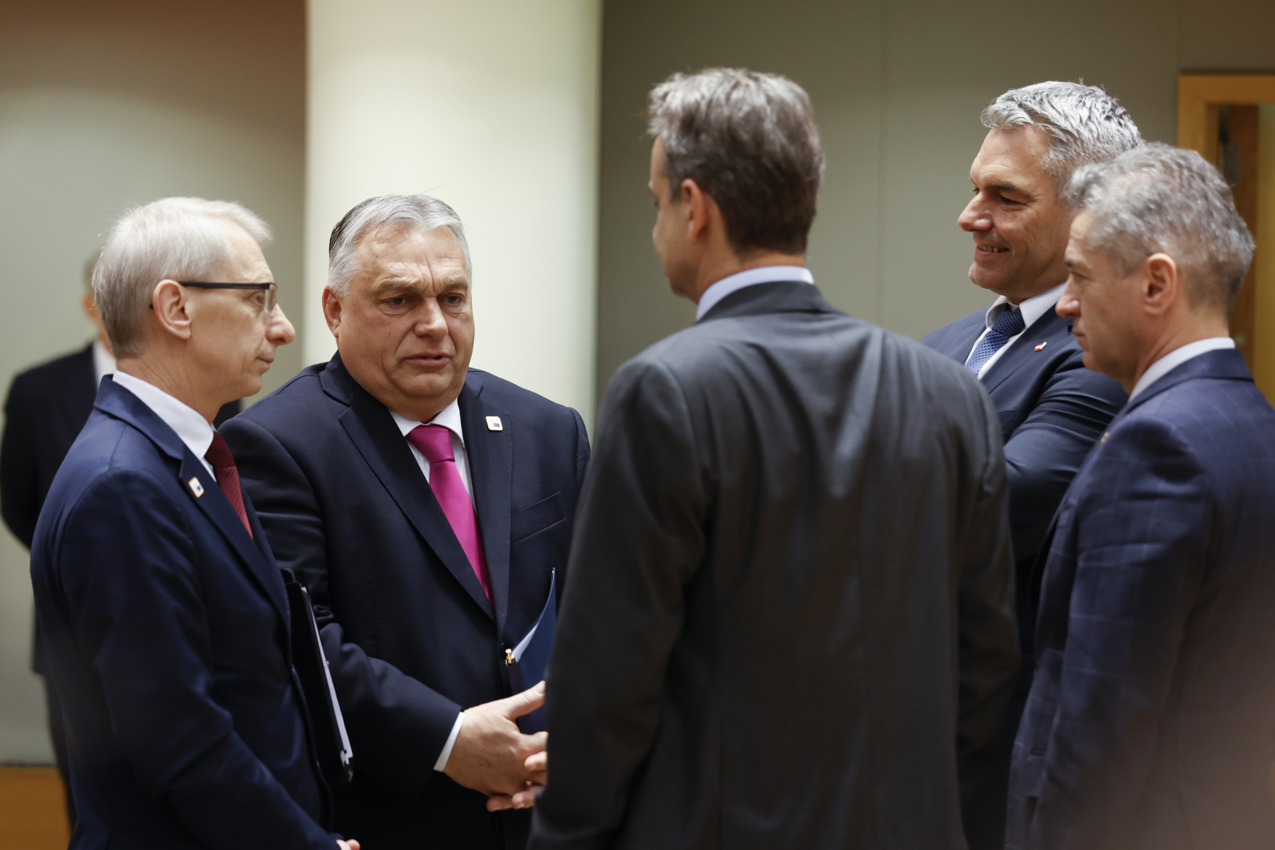 From left, Bulgaria's Prime Minister Nikolai Denkov, Hungary's Prime Minister Viktor Orban, Greece's Prime Minister Kyriakos Mitsotakis, Austria's Chancellor Karl Nehammer and Slovenia's Prime Minister Robert Golob speak during a round table meeting at an EU summit at the European Council building in Brussels, Thursday, Dec. 14, 2023. [AP Photo/Omar Havana]