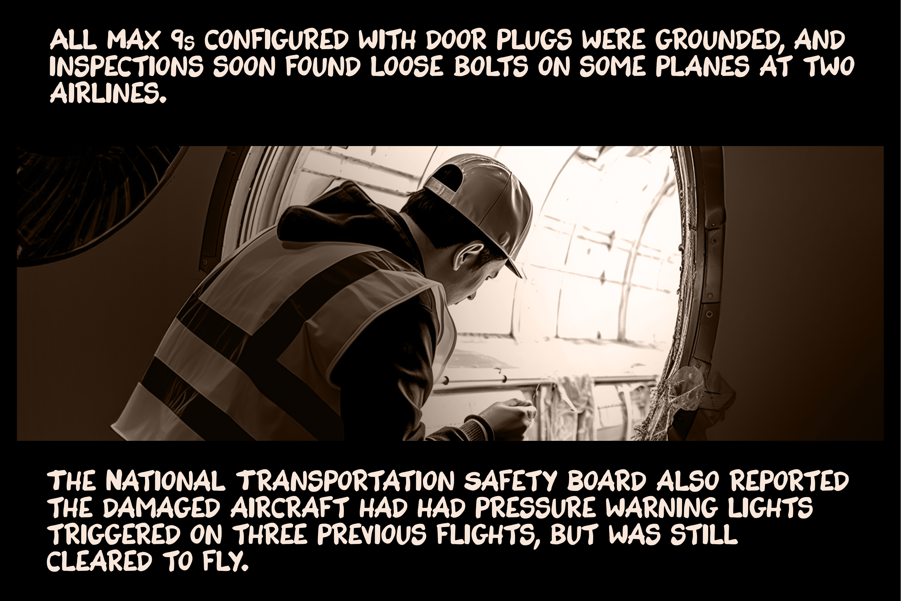 All Max 9s configured with door plugs were grounded, and inspections soon found loose bolts on some planes at two airlines. The National Transportation Safety Board also reported the damaged aircraft had had pressure warning lights triggered on three previous flights, but was still cleared to fly.