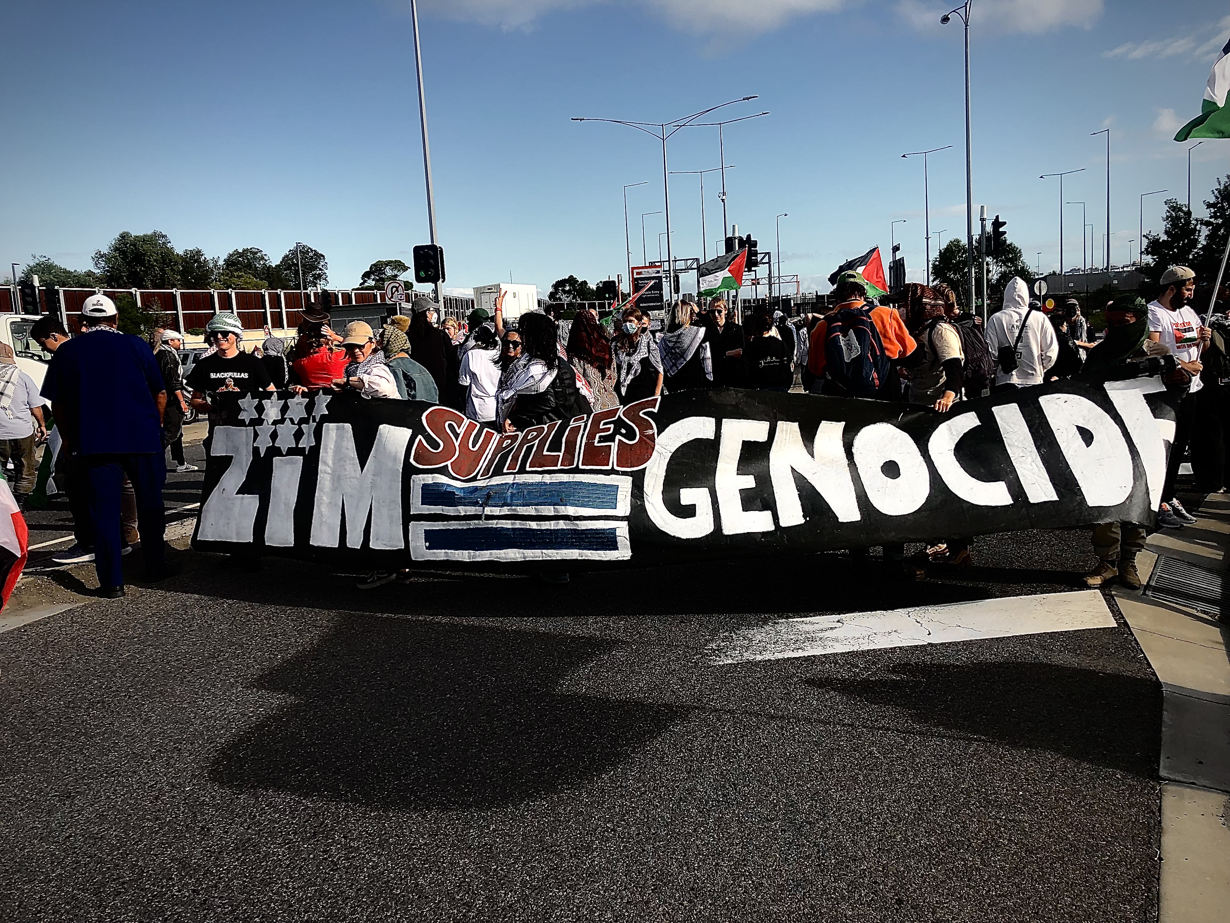 Protesters walking with a giant banner saying ZIM=Genocide. They are carrying the banner in front of them as they walk forward