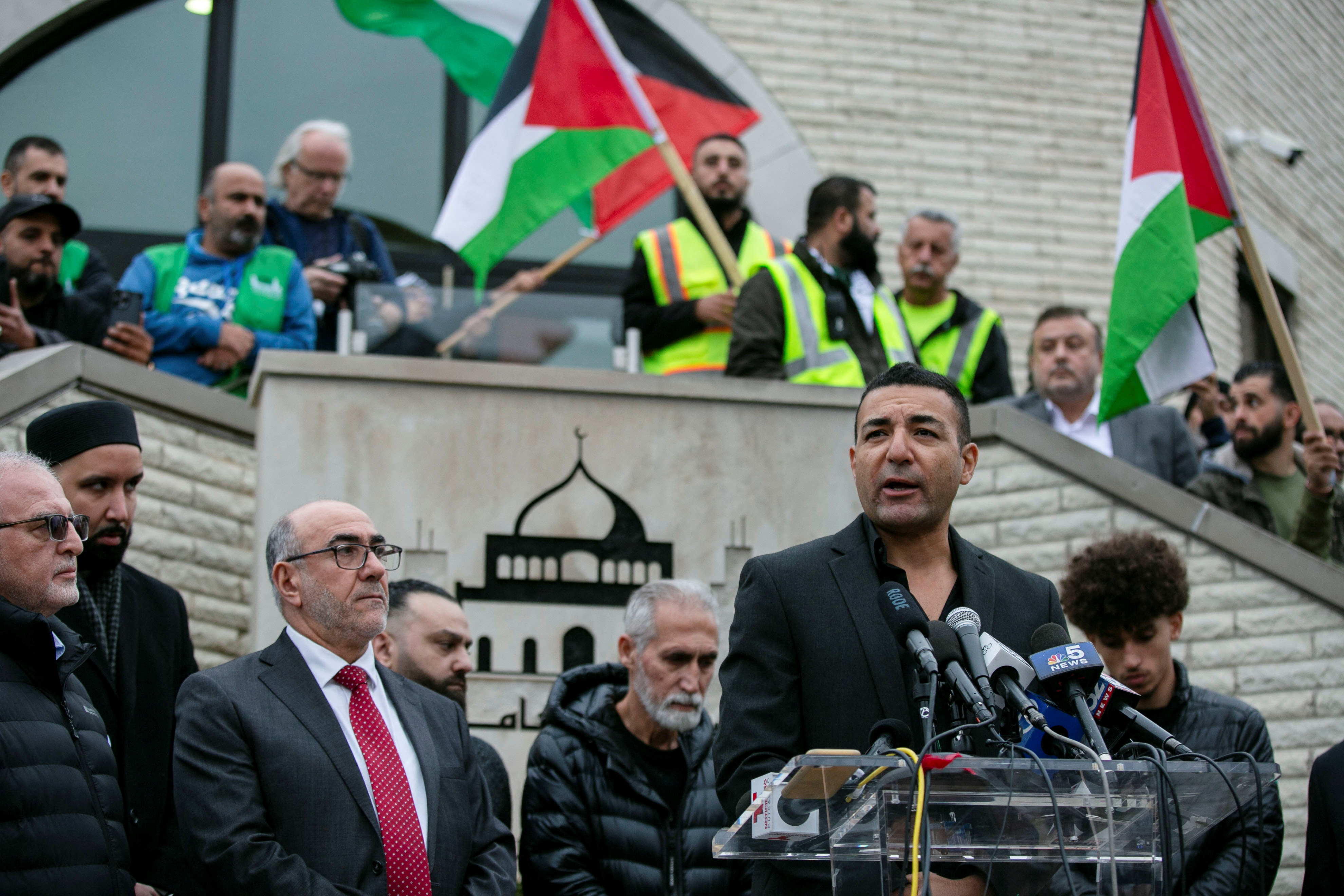 CAIR's Ahmed Rehab speaks during the funeral of a young Palestinian-American boy who was killed near Chicago in October