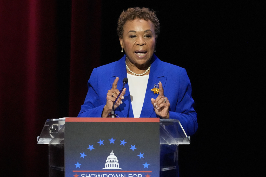 Barbara Lee in a blue blazer and a white shirt