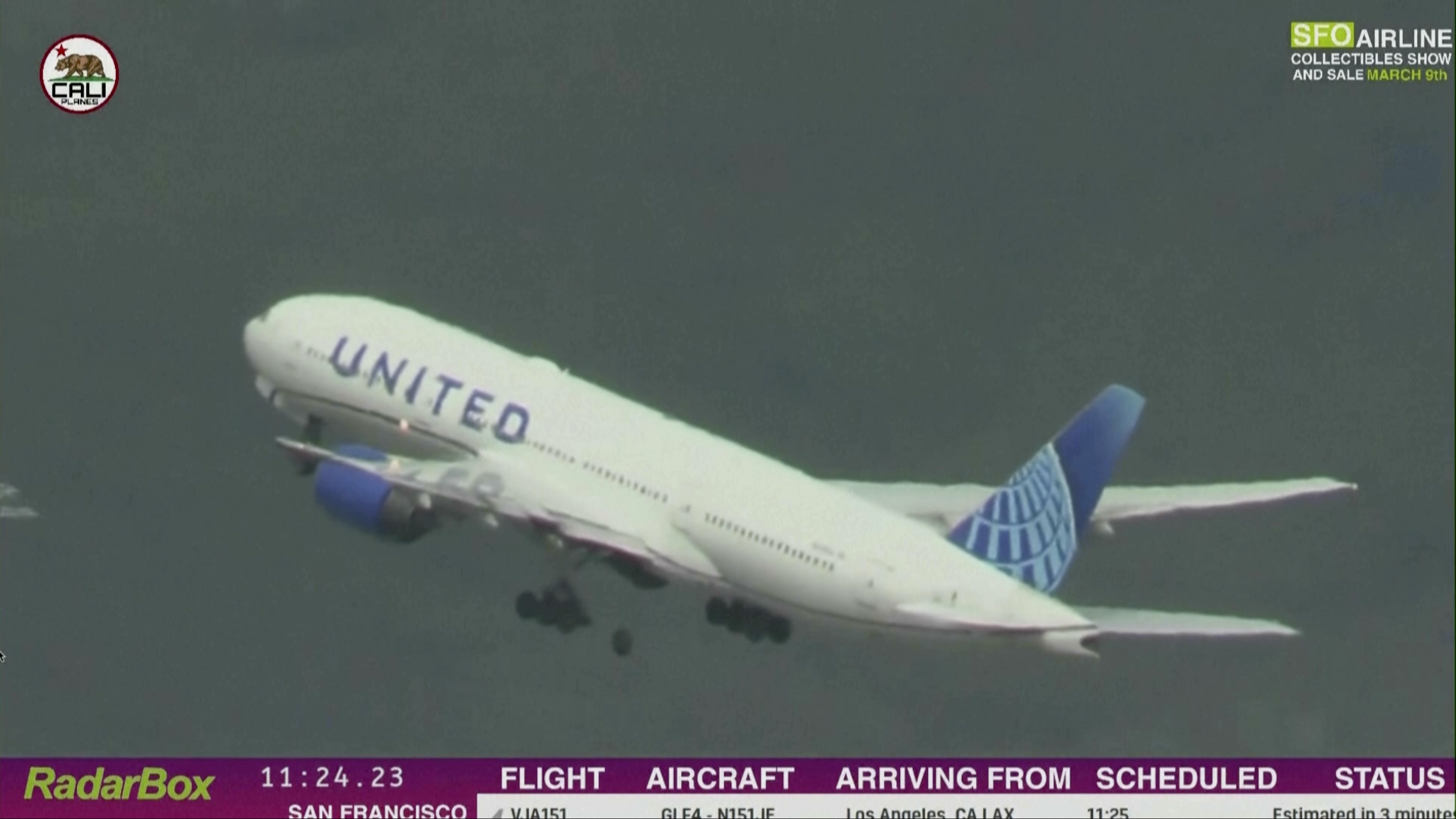 In this image taken from video provided by Cali Planes, a United Airlines Boeing 777 bound for Japan loses a tire as it takes off from San Francisco International Airport.