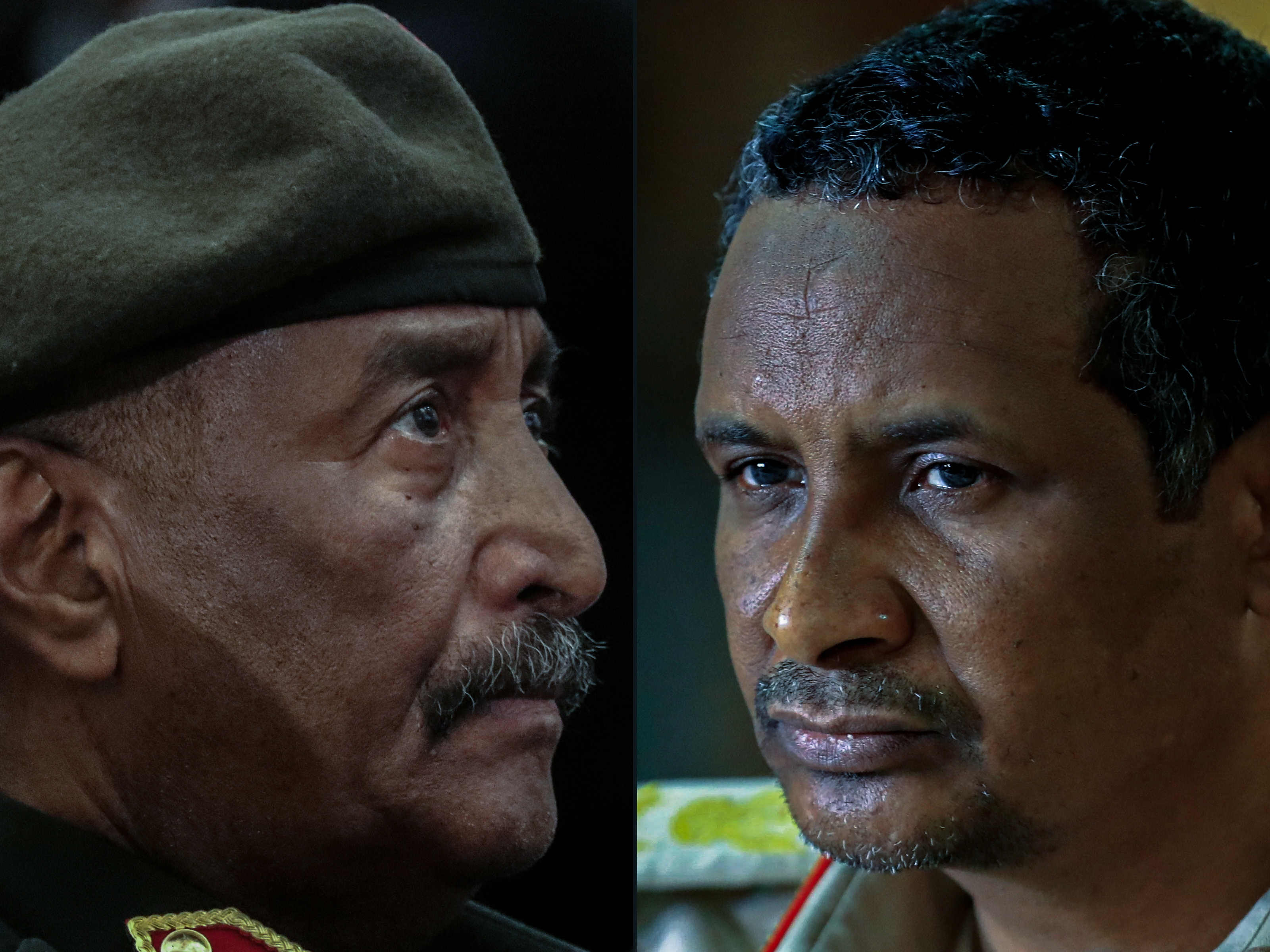 Twenty years after terrorising civilians in Darfur as bedfellows, the army and RSF fought as foes. Shown is army chief Abdel Fattah al-Burhan, left, and RSF commander Mohamed Hamdan 'Hemedti' Daglo, created on April 16, 2023 [Ashraf Shazly/AFP]