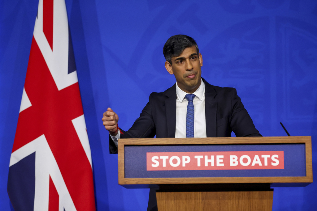 British Prime Minister Rishi Sunak speaks at a press conference at Downing Street